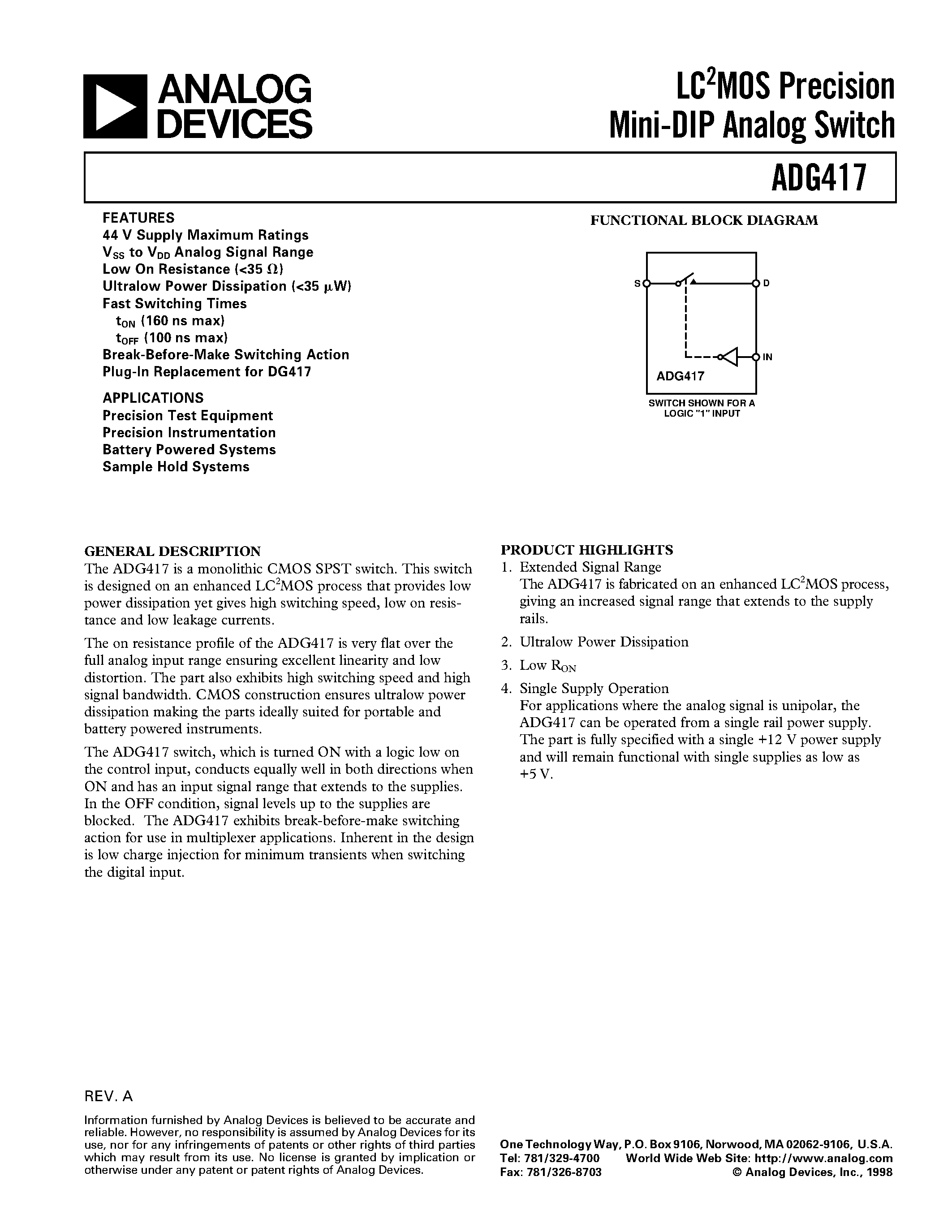 Datasheet DG419 - LC2MOS Precision Mini-DIP Analog Switch page 1