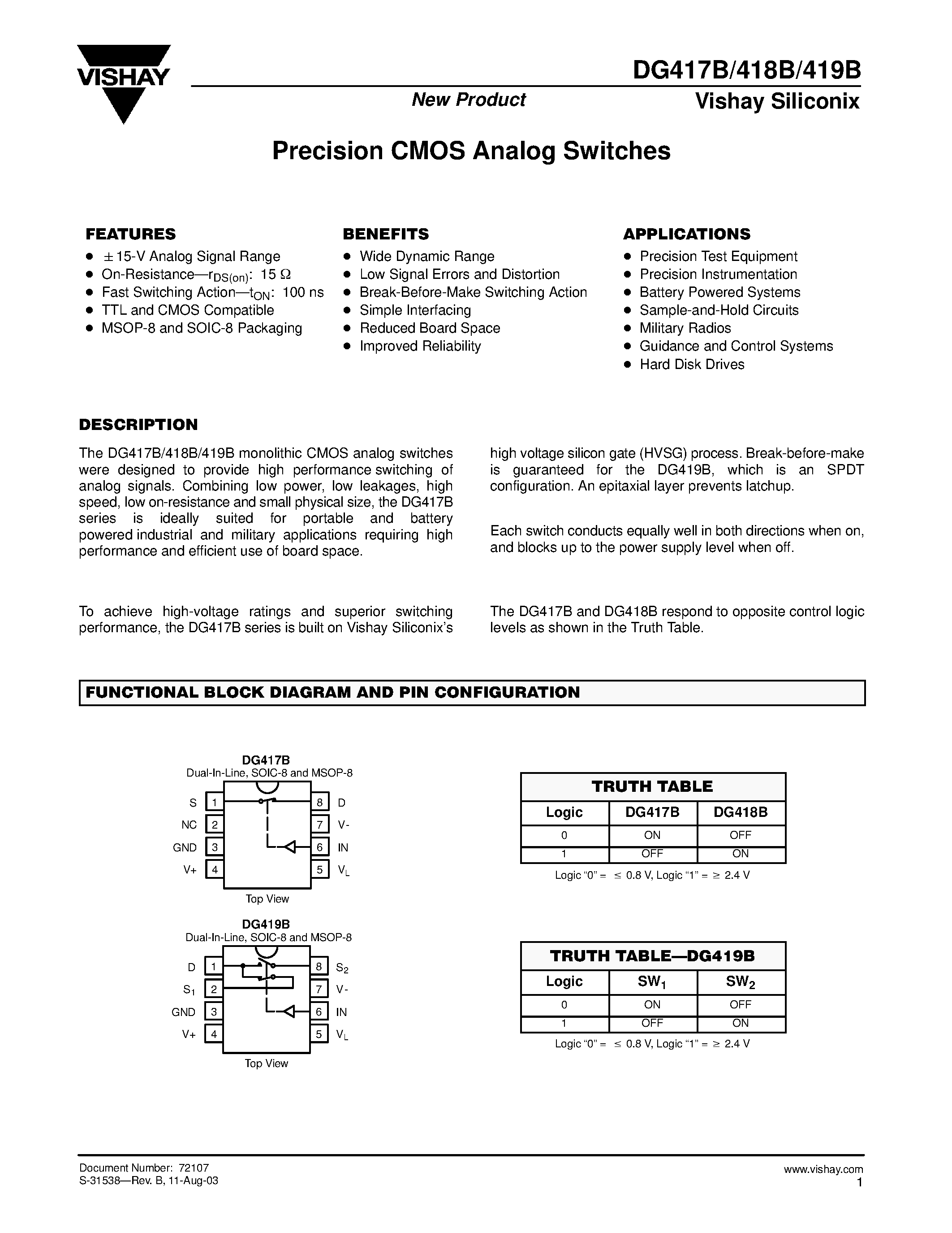 Даташит на микросхему DG419BDY страница 1 Даташит DG419BDY - Precision CMOS Analog Switches страница 1