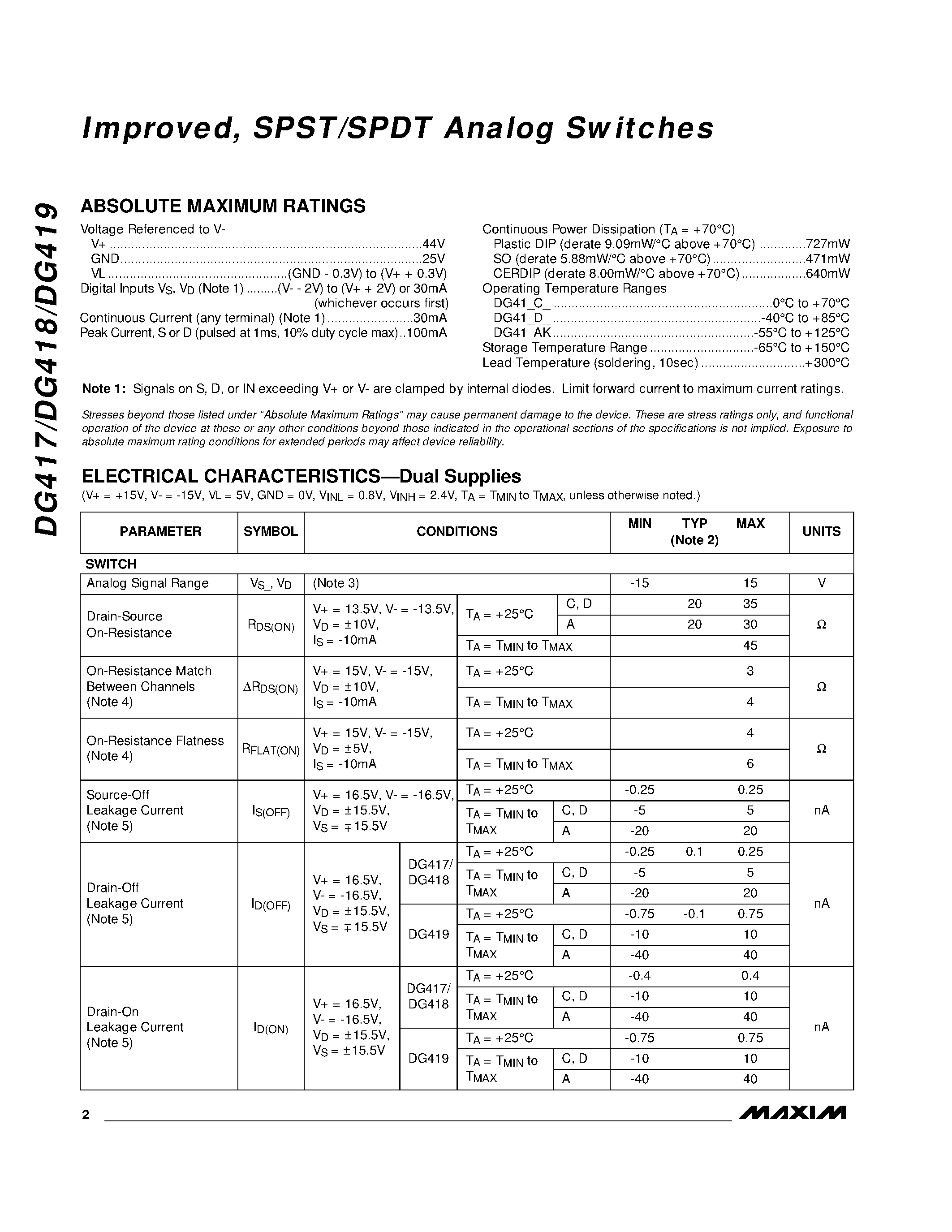 Даташит на микросхему DG419CJ страница 2 Даташит DG419CJ - Improved / SPST/SPDT Analog Switches страница 2