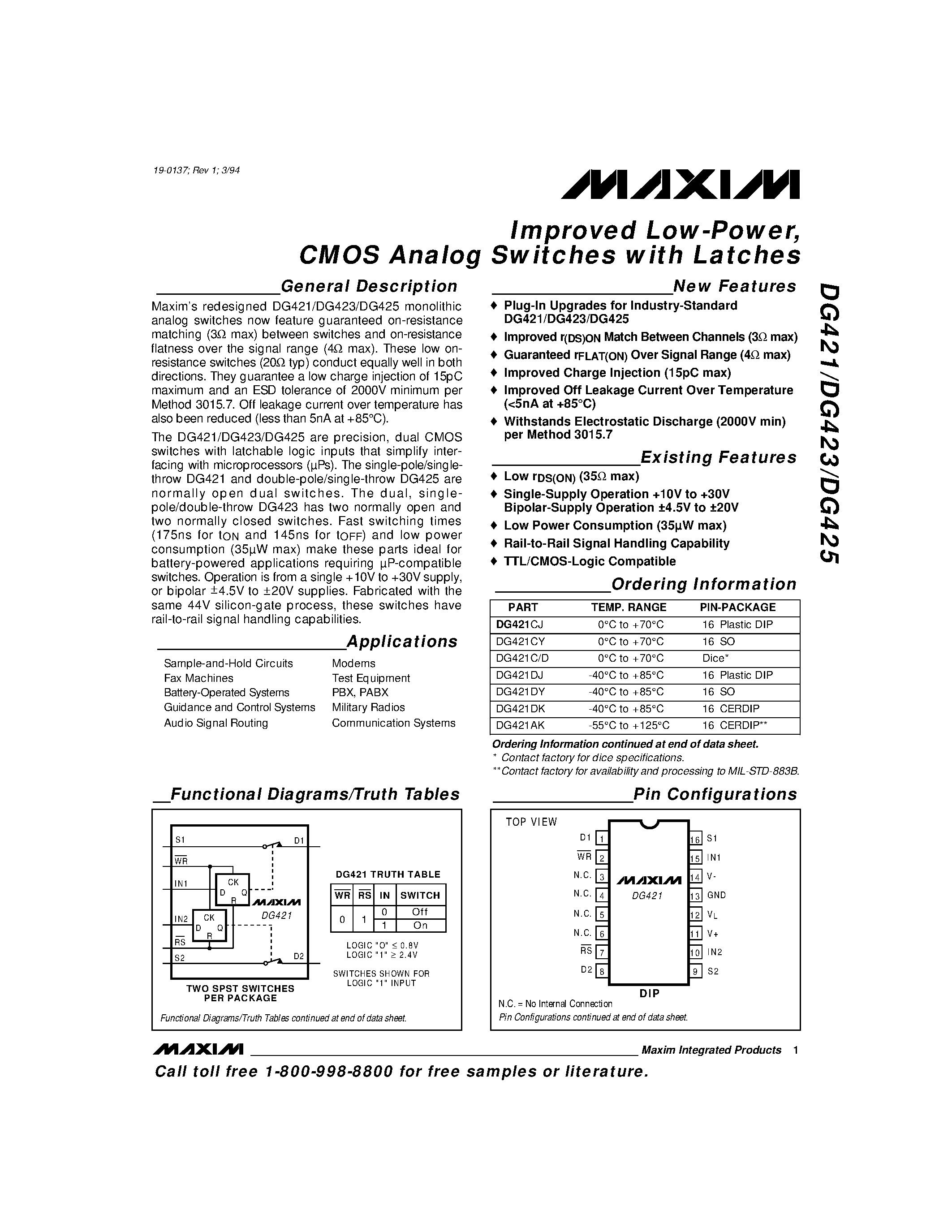 Даташит DG425DN - Improved Low-Power / CMOS Analog Switches with Latches страница 1