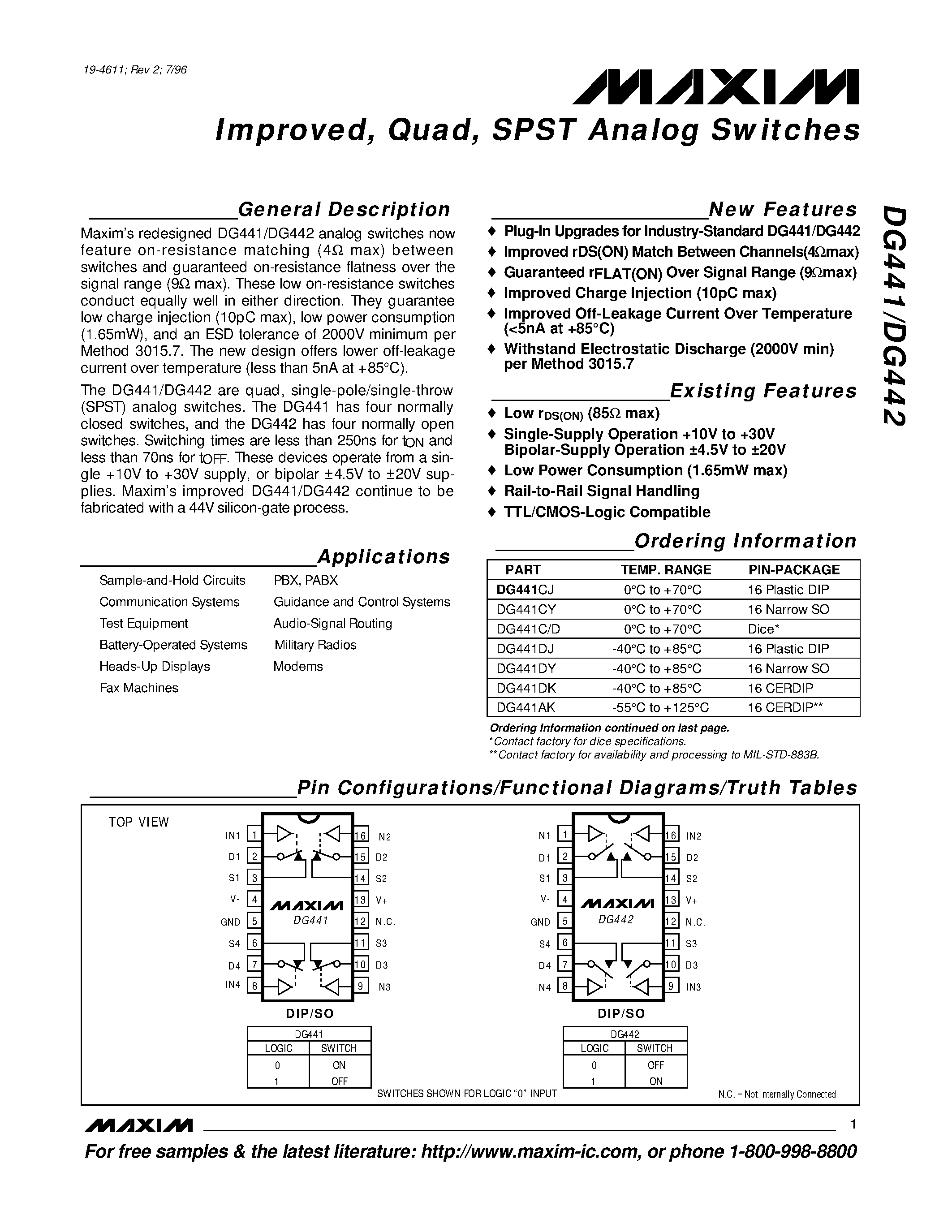 Даташит DG441DJ - Improved / Quad / SPST Analog Switches страница 1