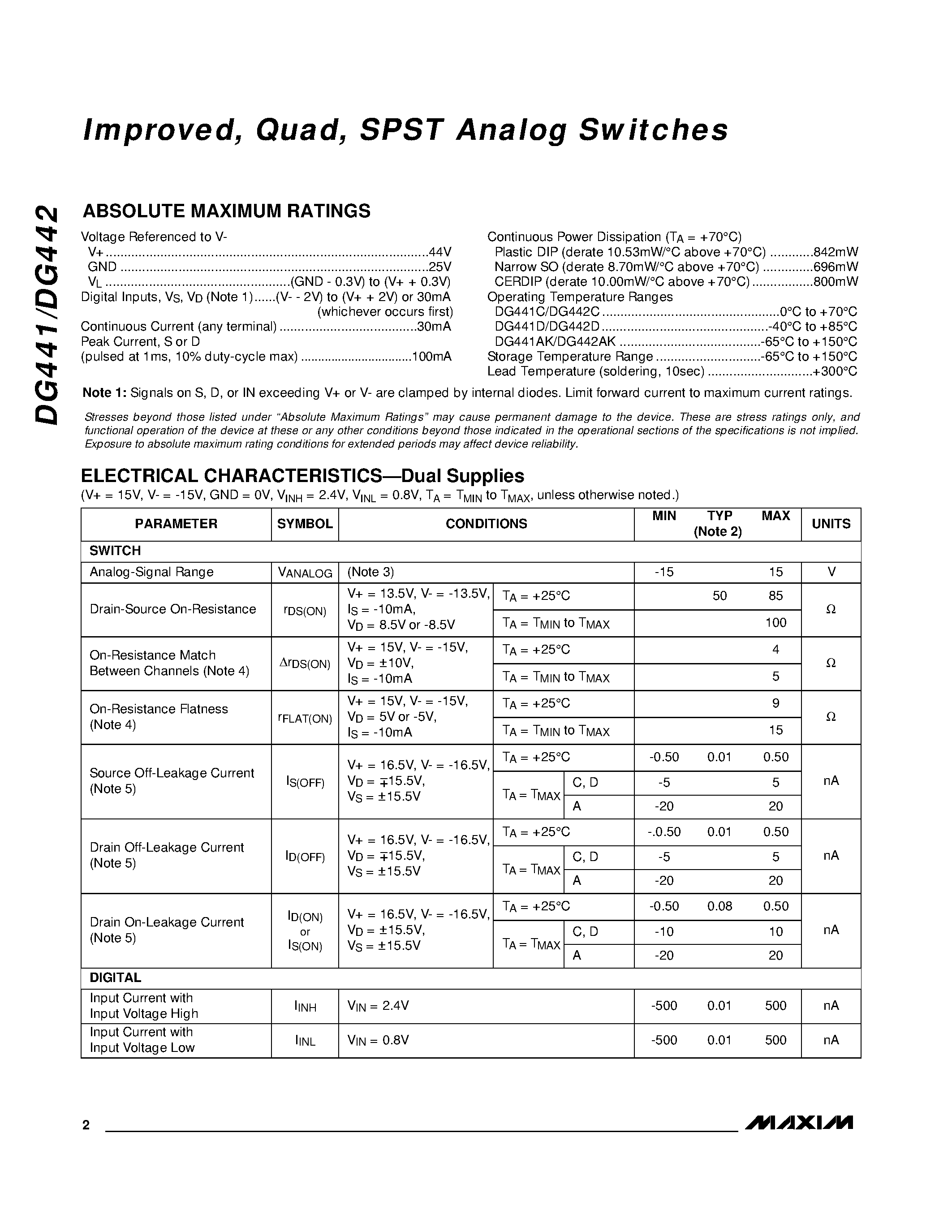 Даташит DG441DK - Improved / Quad / SPST Analog Switches страница 2