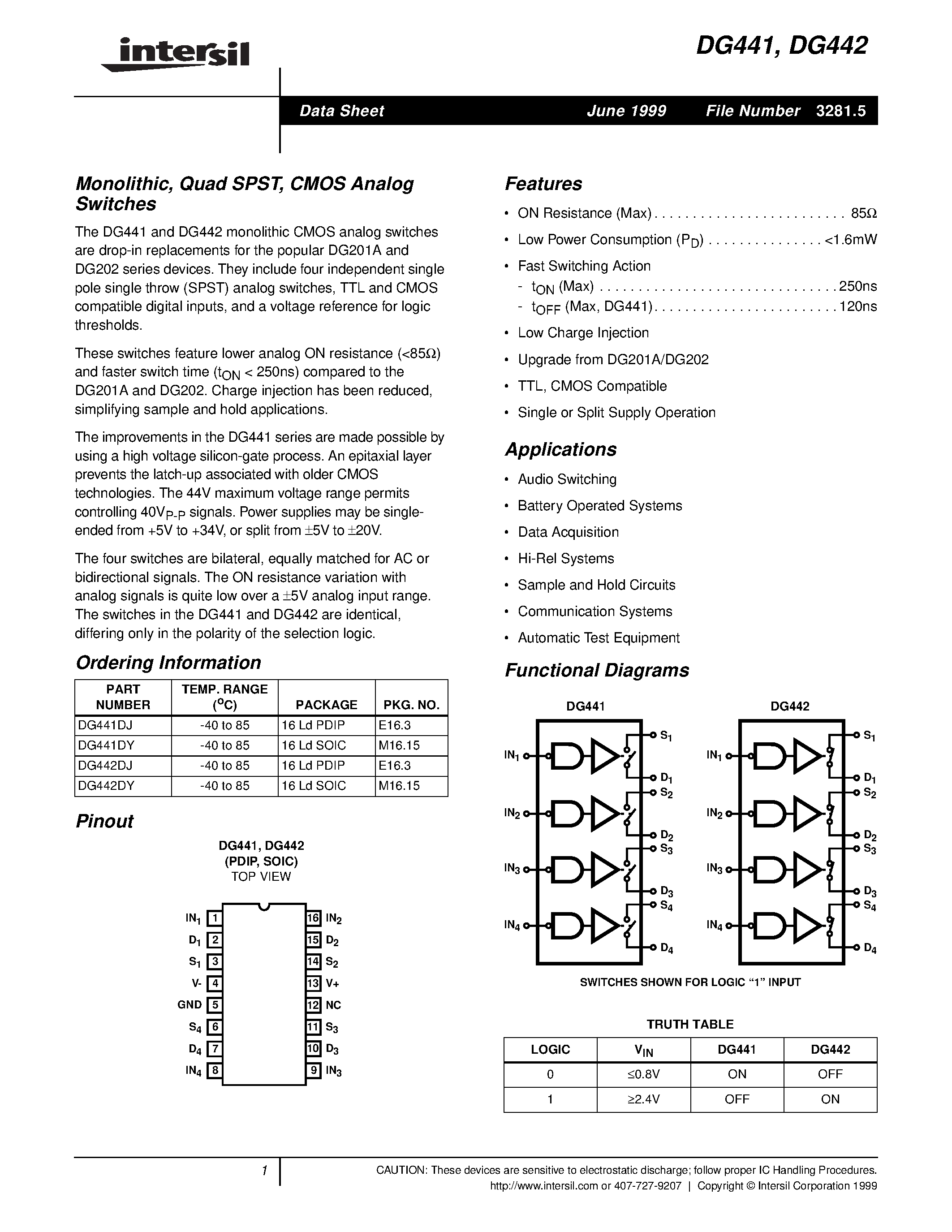 Даташит DG442DY - Monolithic / Quad SPST / CMOS Analog Switches страница 1