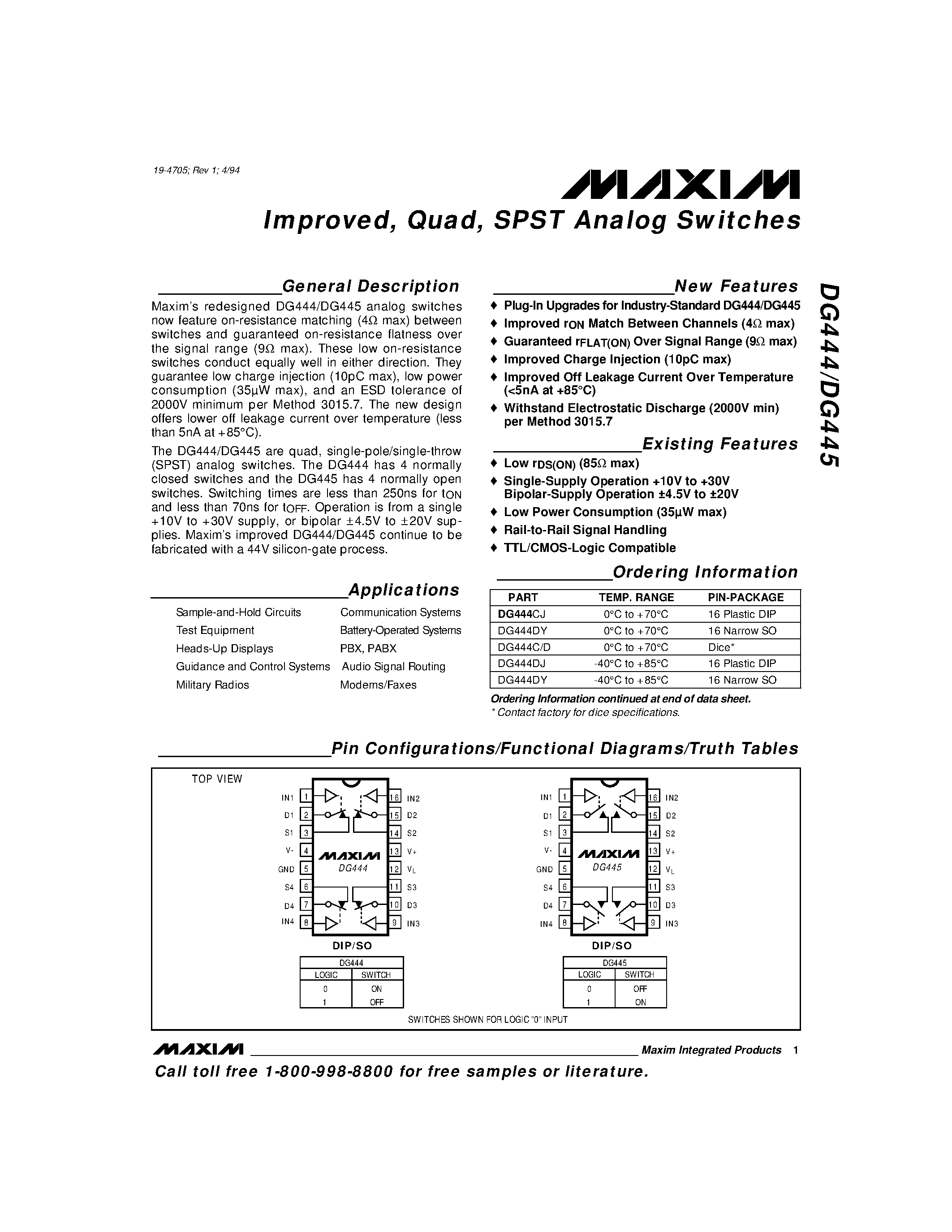 Даташит DG445CY - Improved / Quad / SPST Analog Switches страница 1