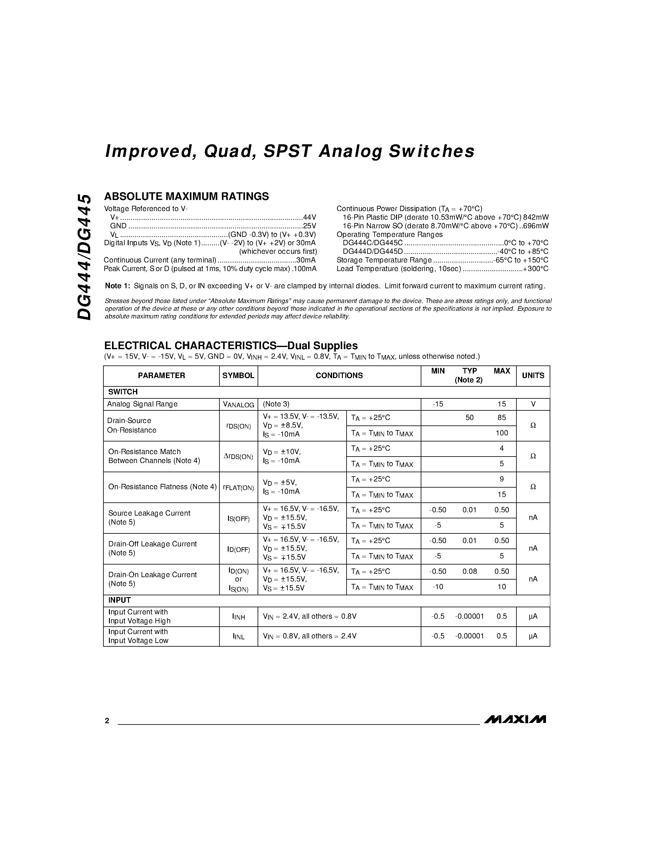 Даташит DG445CY - Improved / Quad / SPST Analog Switches страница 2