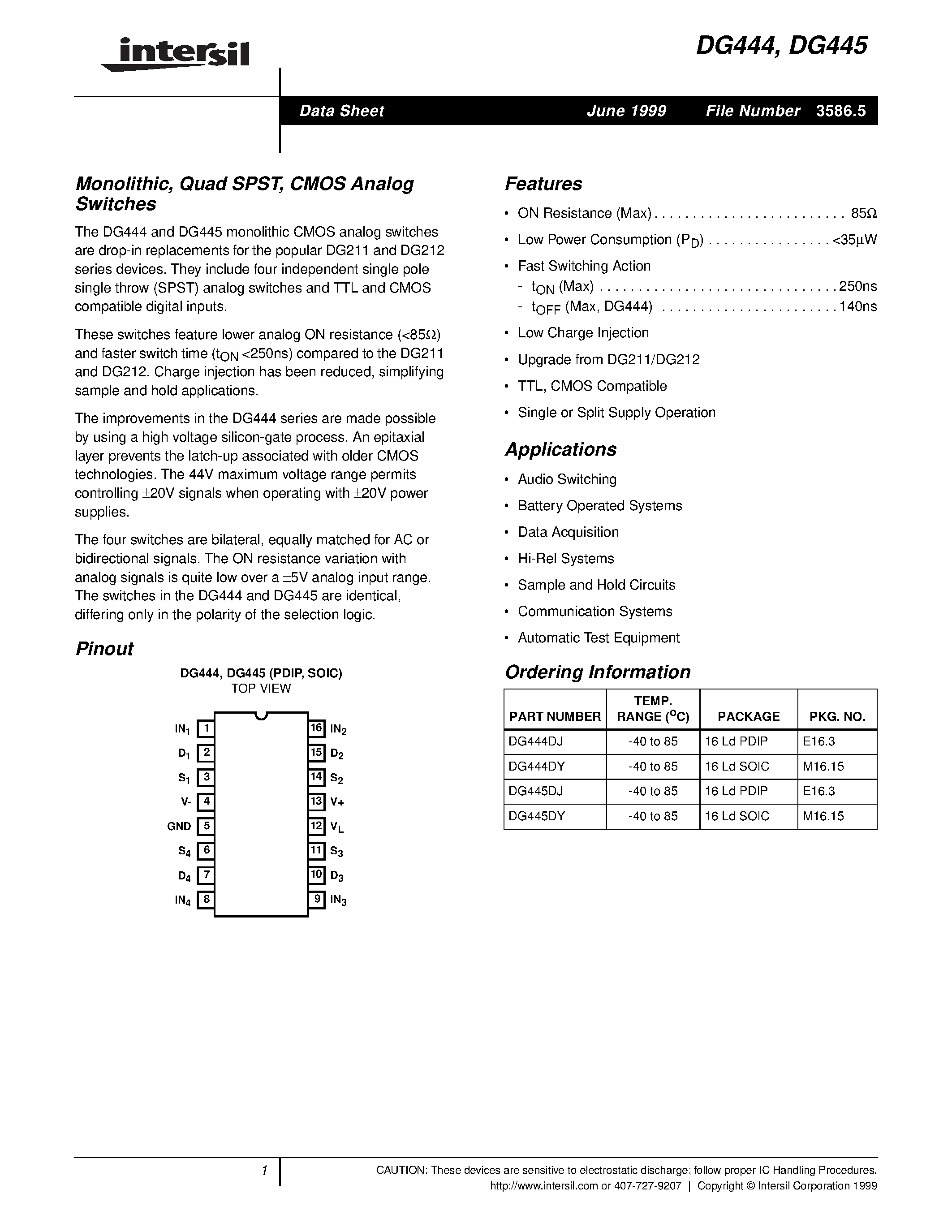 Даташит DG445DY - Monolithic / Quad SPST / CMOS Analog Switches страница 1