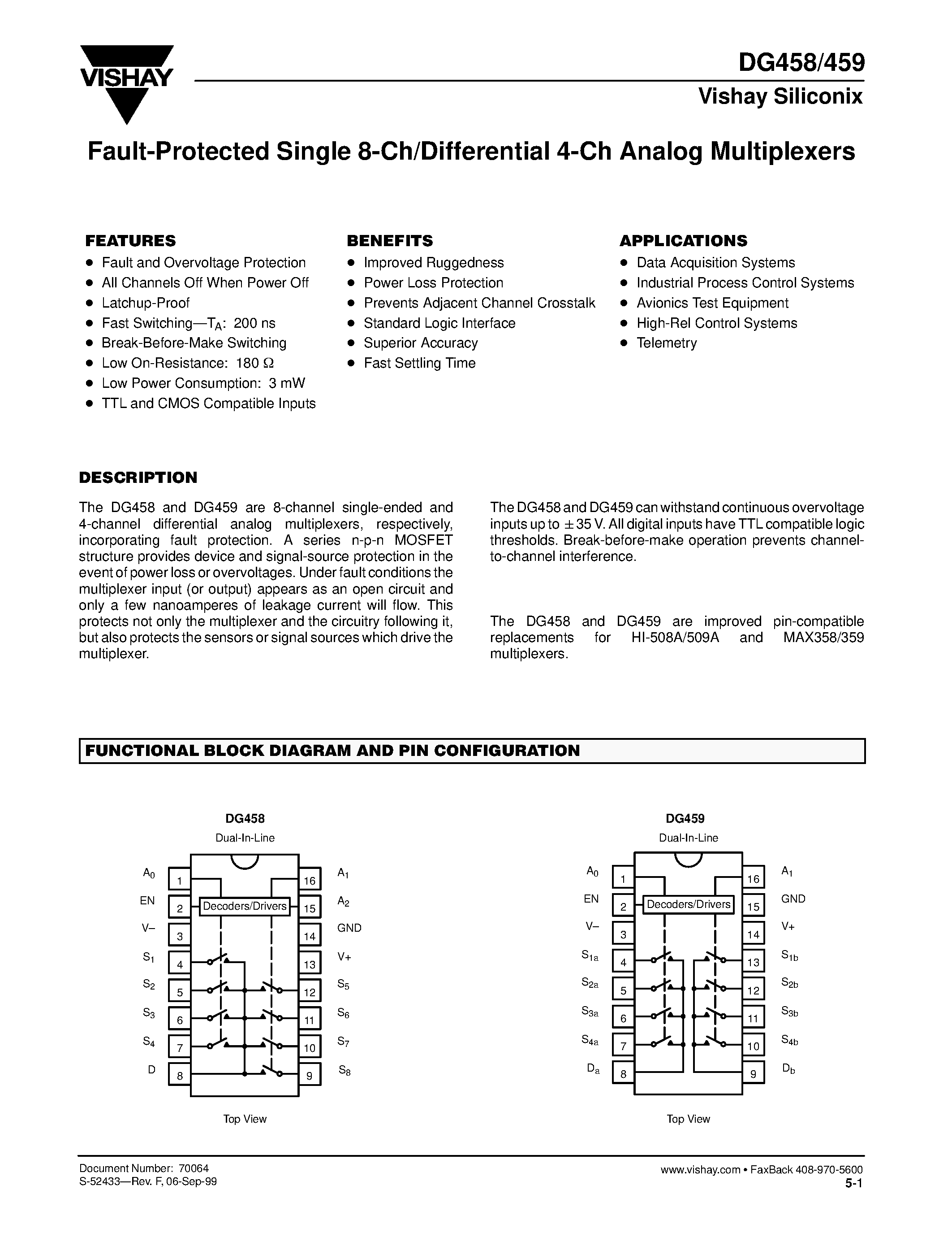 Datasheet DG459 page 1 Datasheet DG459 - Fault-Protected Single 8-Ch/Differential 4-Ch Analog Multiplexers page 1
