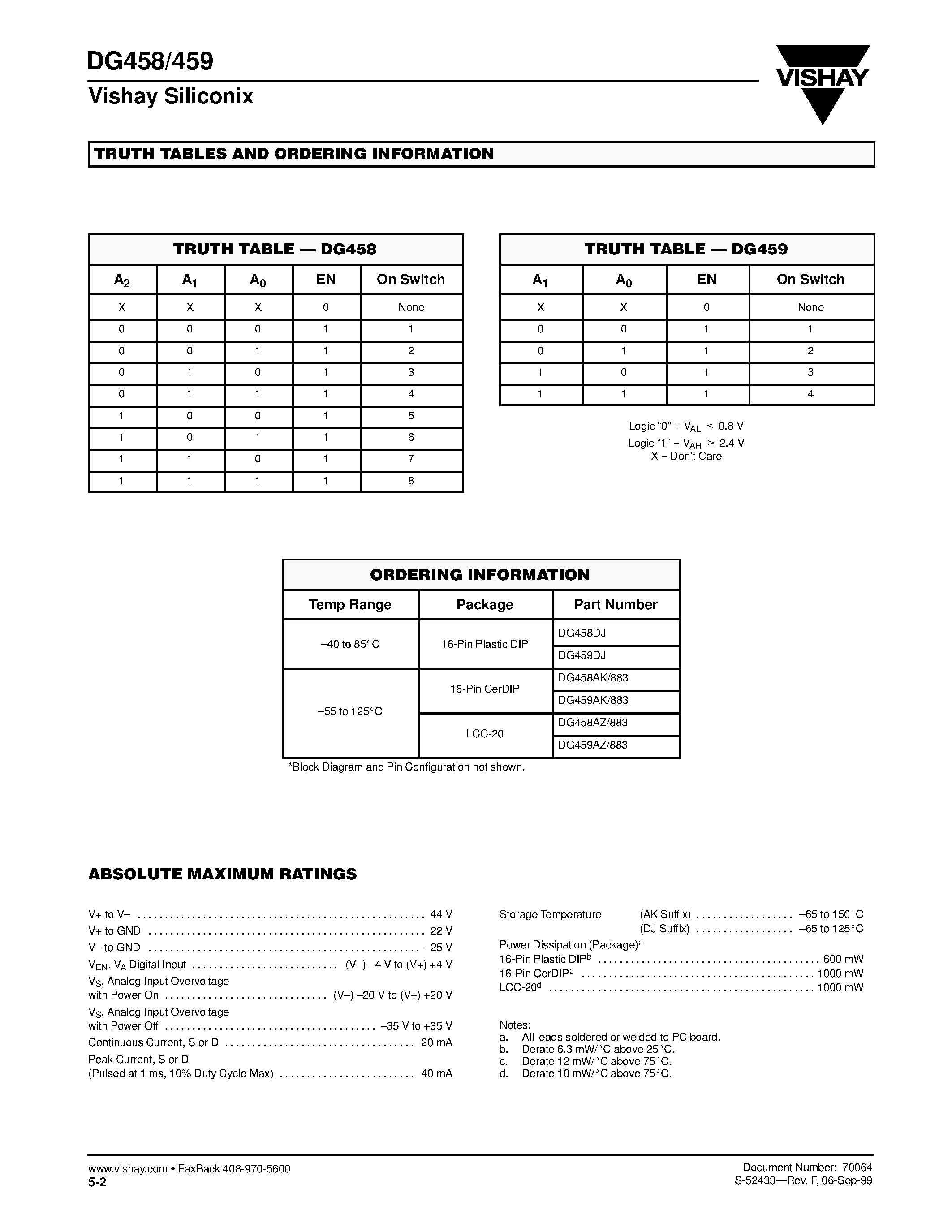 Datasheet DG459DJ - Fault-Protected Single 8-Ch/Differential 4-Ch Analog Multiplexers page 2