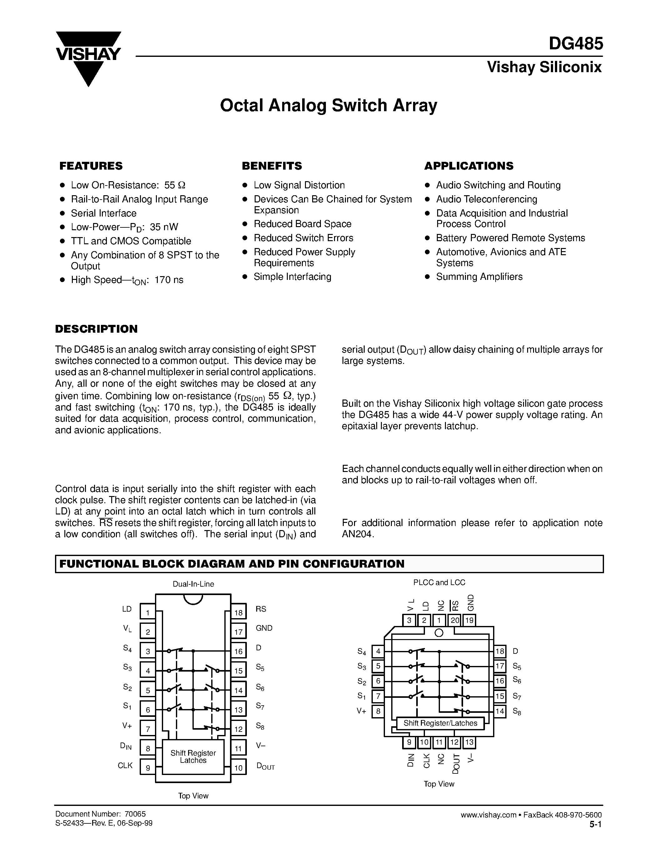 Даташит DG485 - Octal Analog Switch Array страница 1