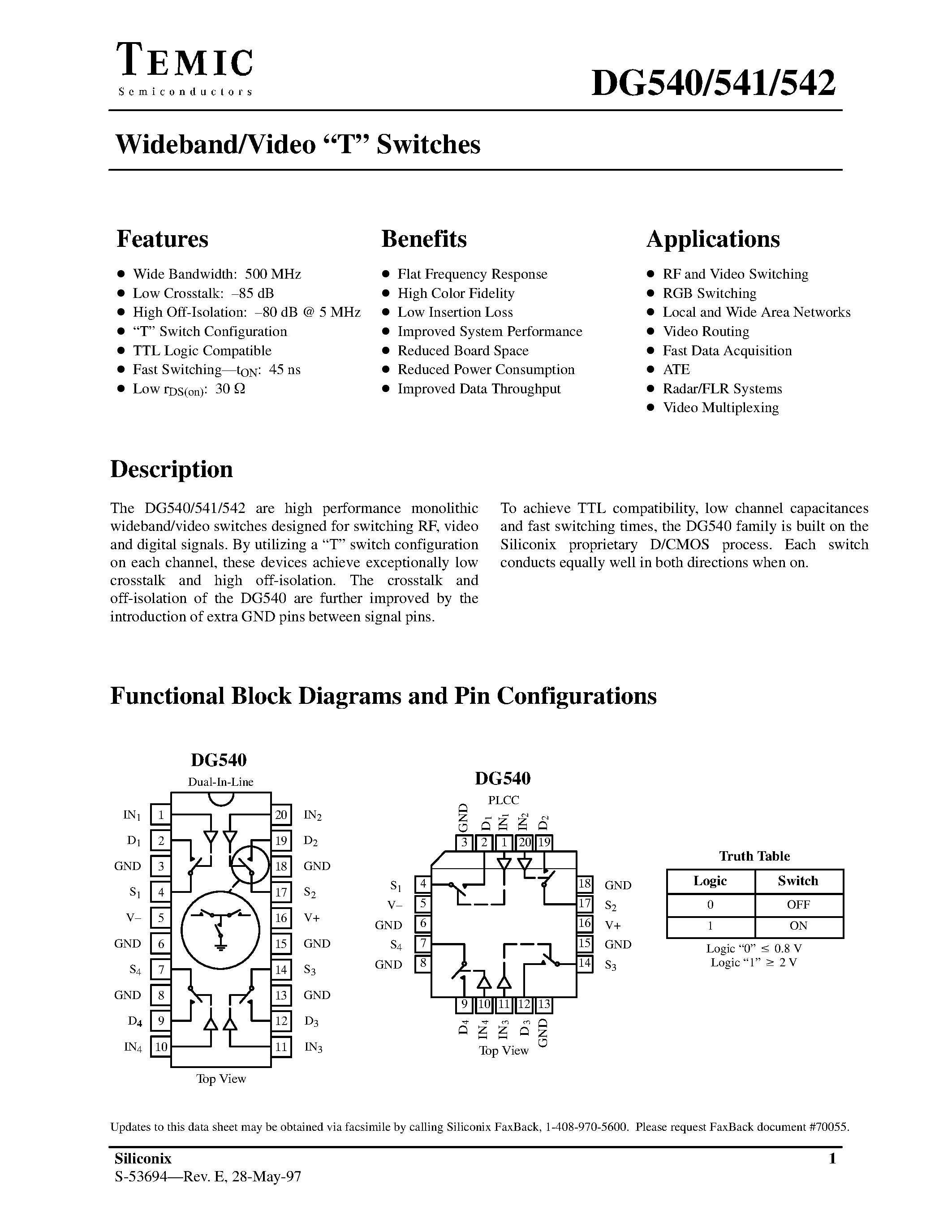 Даташит DG541 - Wideband/Video T Switches страница 1