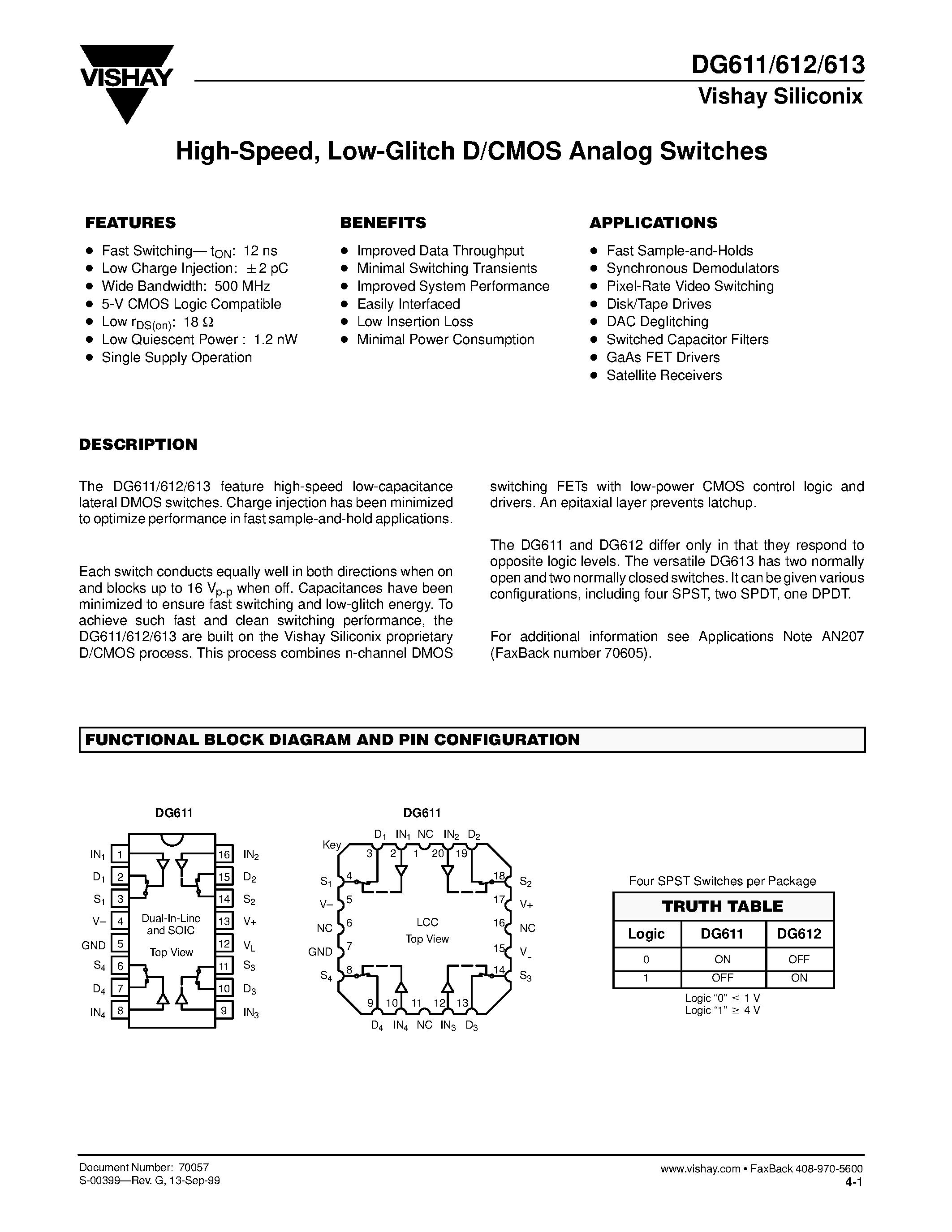 Даташит DG613AZ/883 - High-Speed / Low-Glitch D/CMOS Analog Switches страница 1
