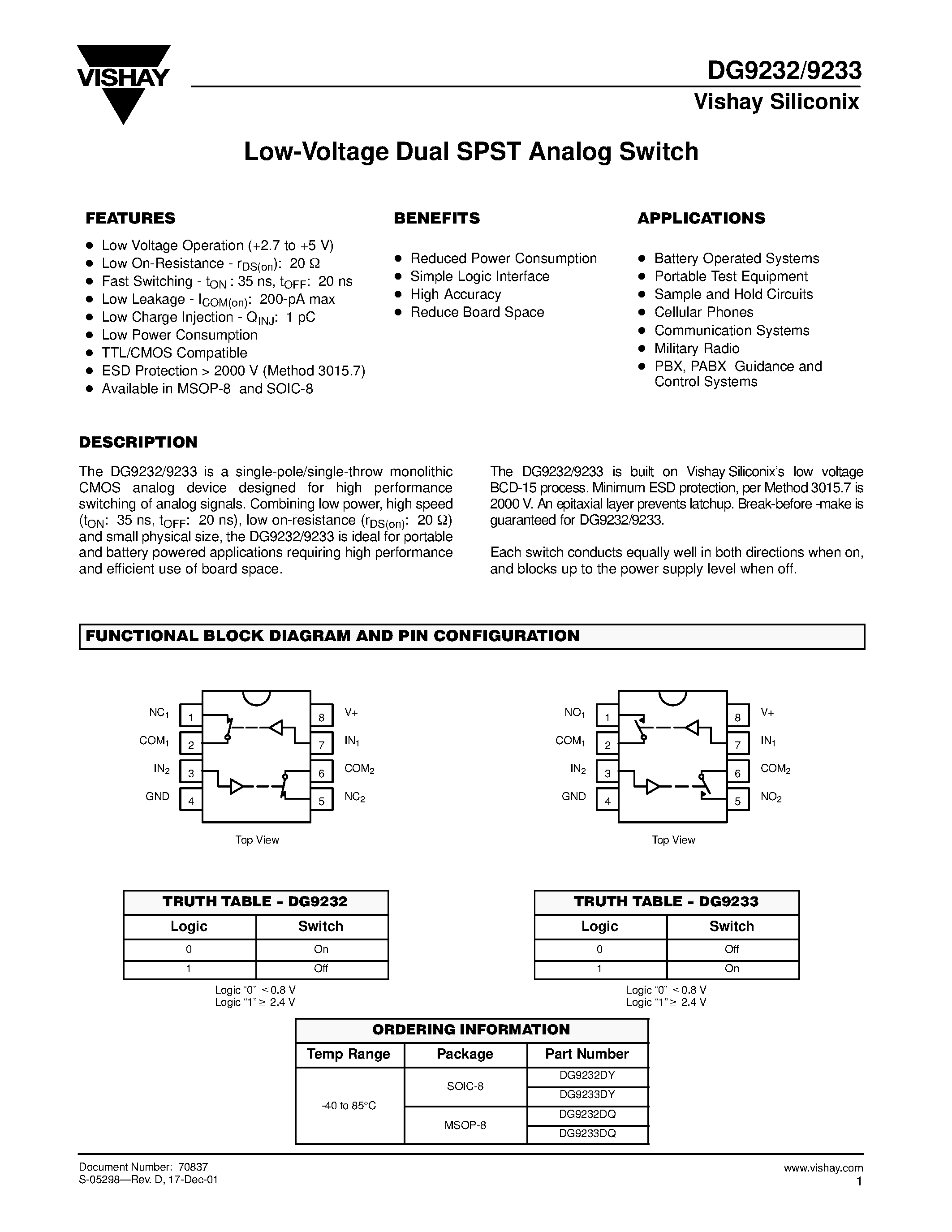 Даташит DG9232DQ - Low-Voltage Dual SPST Analog Switch страница 1