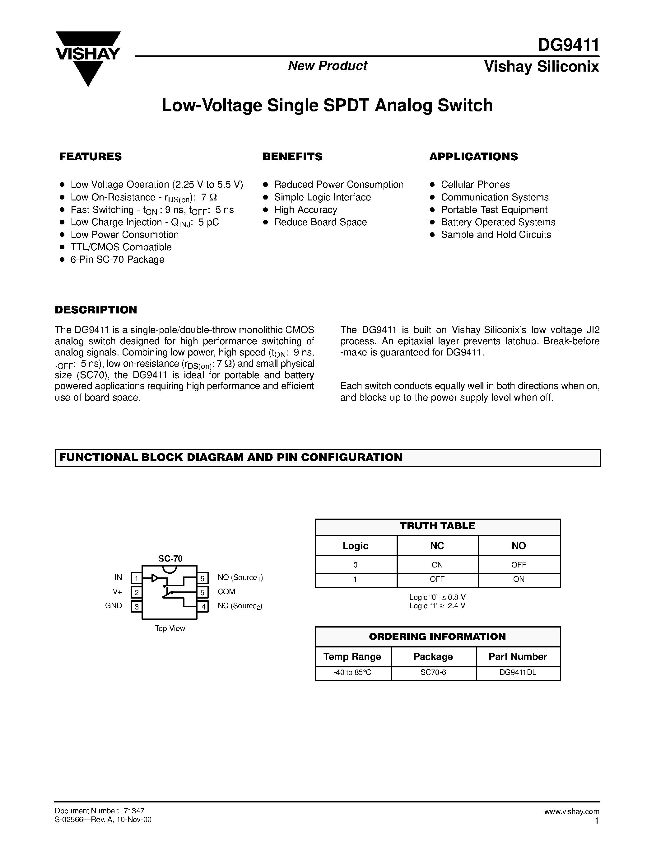 Даташит на микросхему DG9411DL страница 1 Даташит DG9411DL - Low-Voltage Single SPDT Analog Switch страница 1