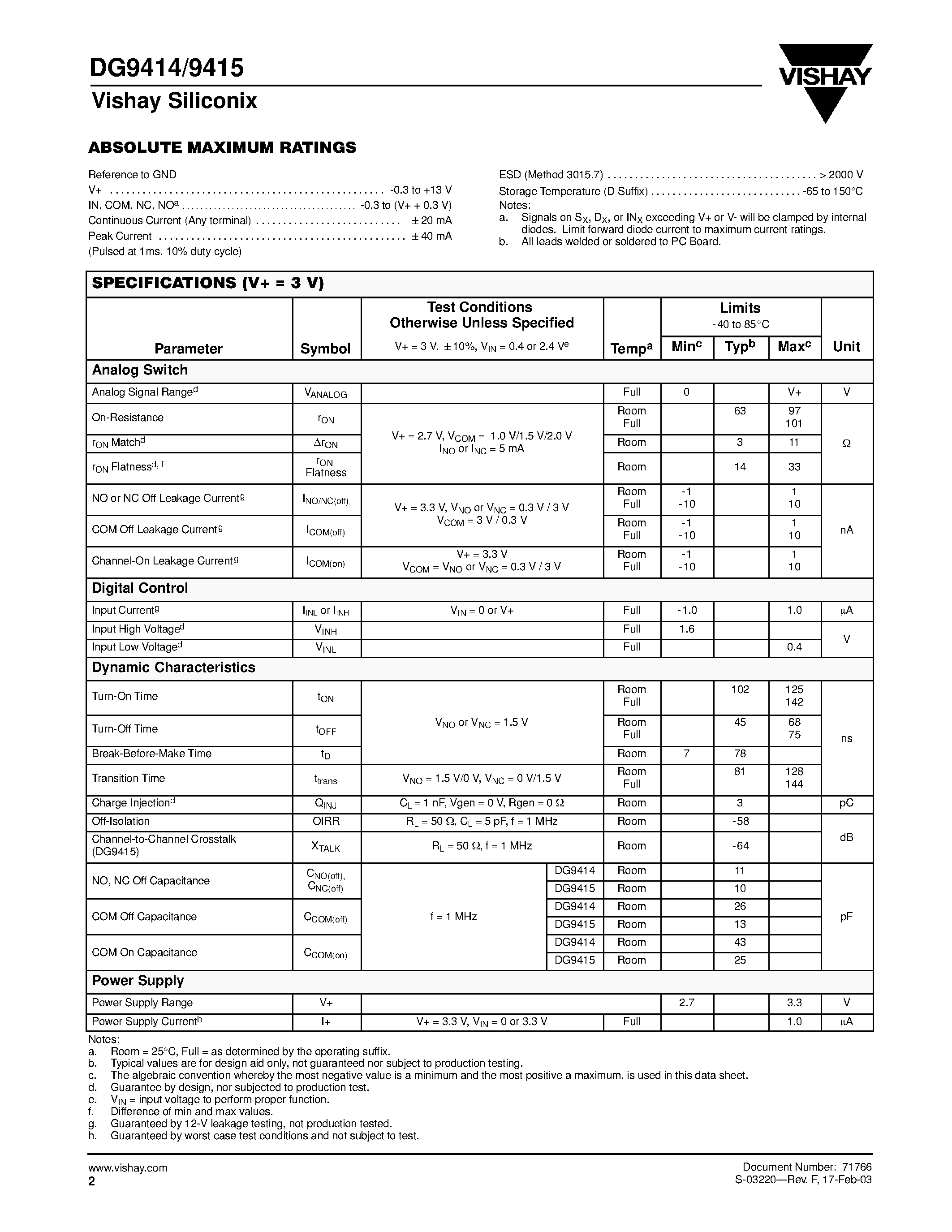 Datasheet DG9414 - Single 4 x 1 and Dual 2 x 1 Multiplexers page 2