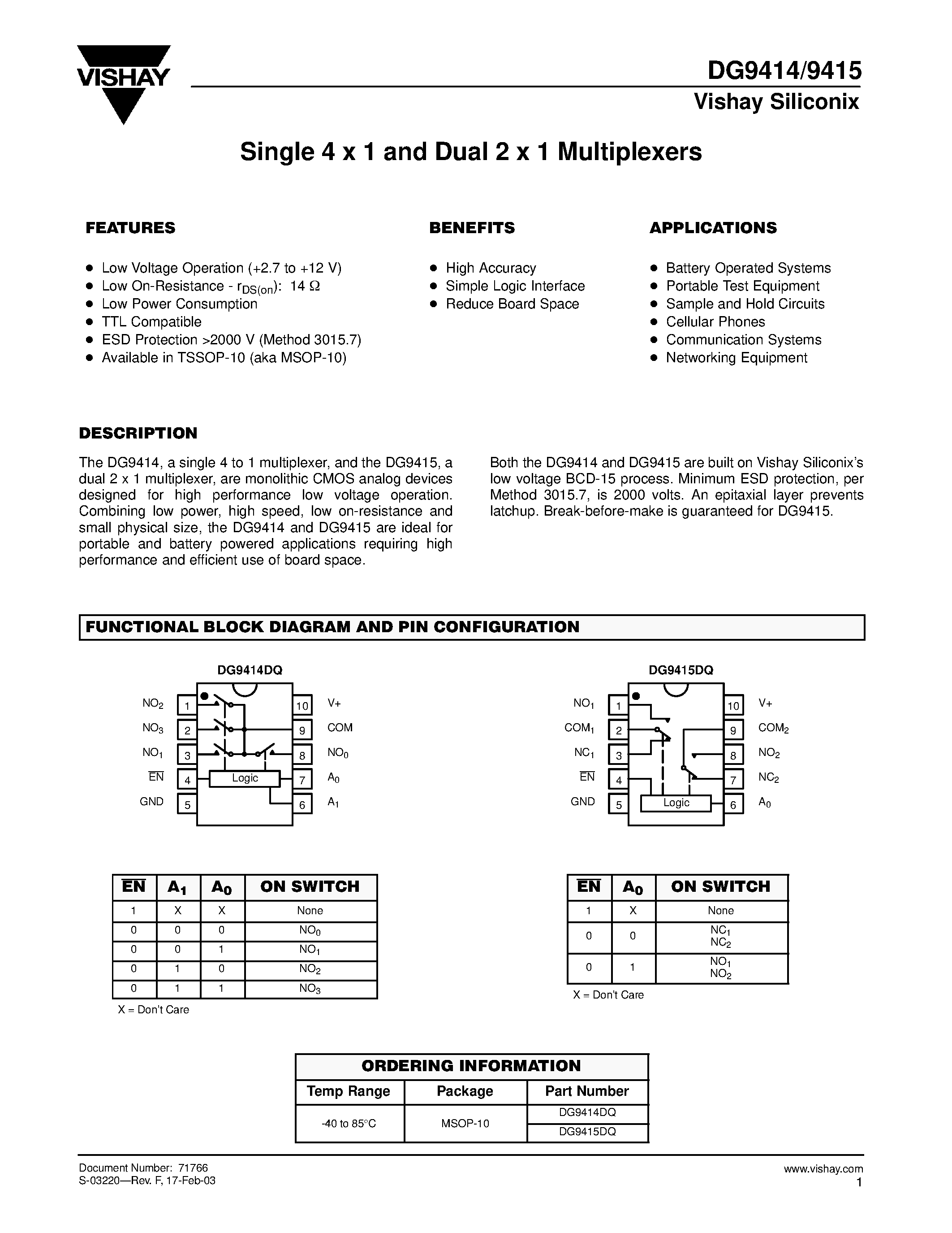 Datasheet DG9415 - Single 4 x 1 and Dual 2 x 1 Multiplexers page 1