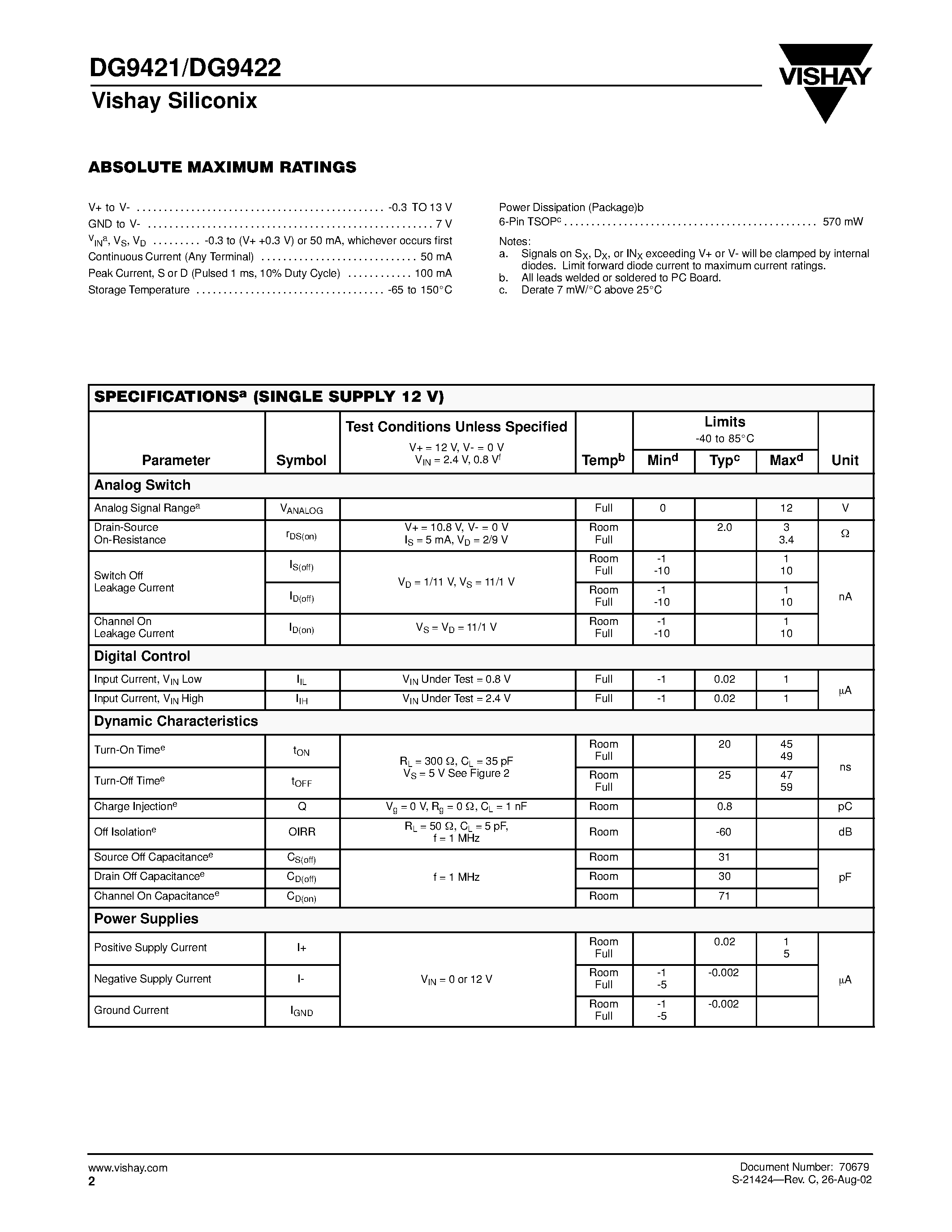 Datasheet DG9421 - Precision Low-Voltage / Low-Glitch CMOS Analog Switches page 2