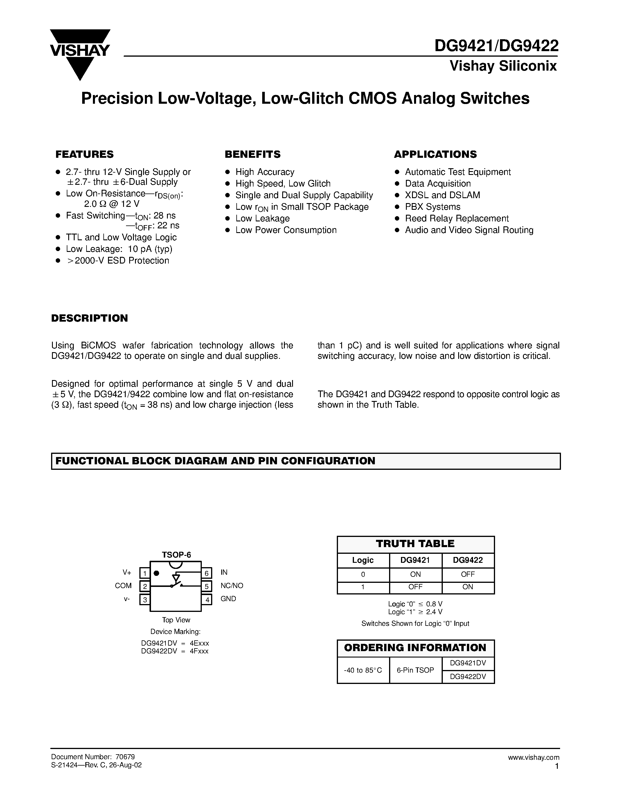 Даташит DG9421DV - Precision Low-Voltage / Low-Glitch CMOS Analog Switches страница 1