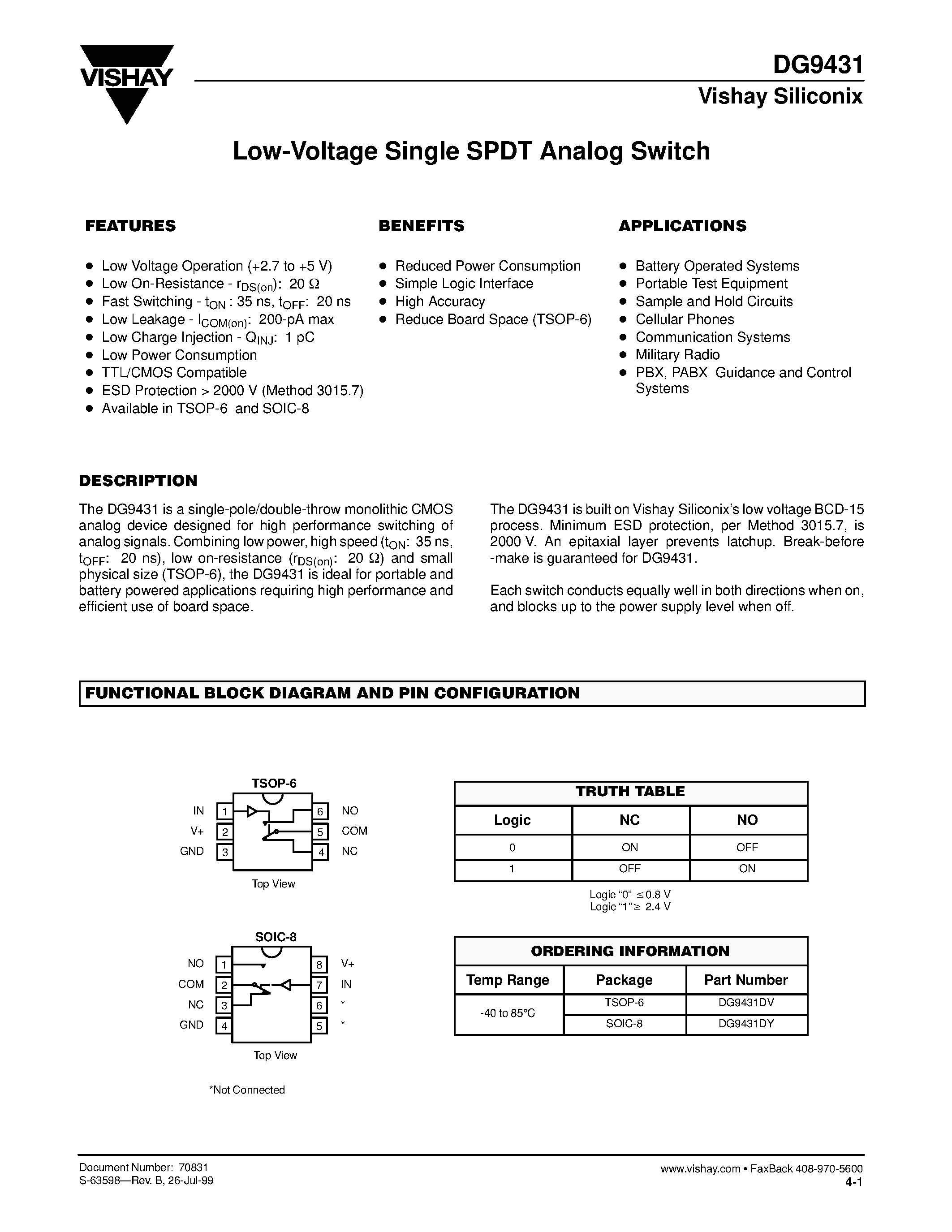 Даташит на микросхему DG9431DV страница 1 Даташит DG9431DV - Low-Voltage Single SPDT Analog Switch страница 1