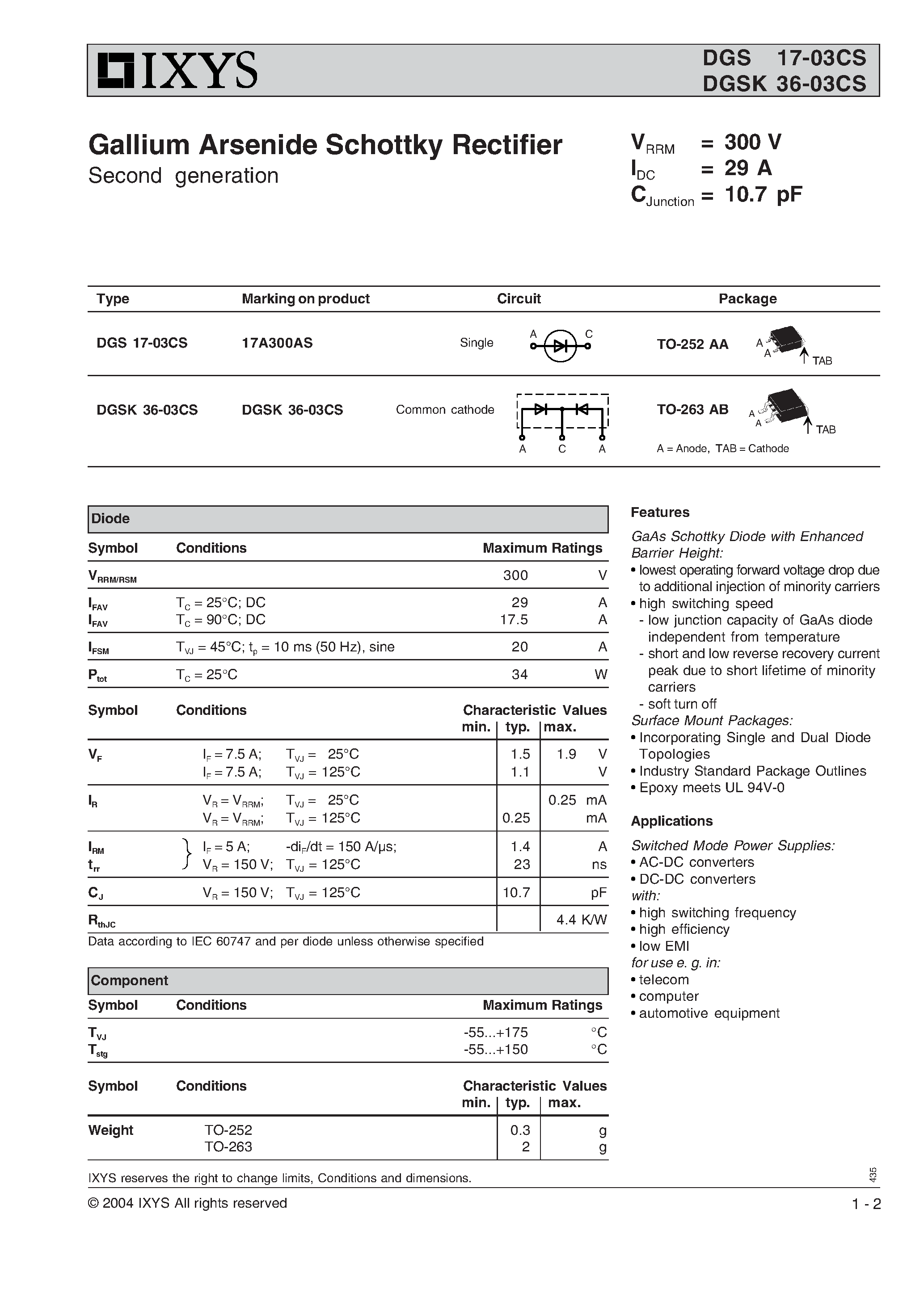 Datasheet DGS17-03CS page 1 Datasheet DGS17-03CS - Gallium Arsenide Schottky Rectifier page 1
