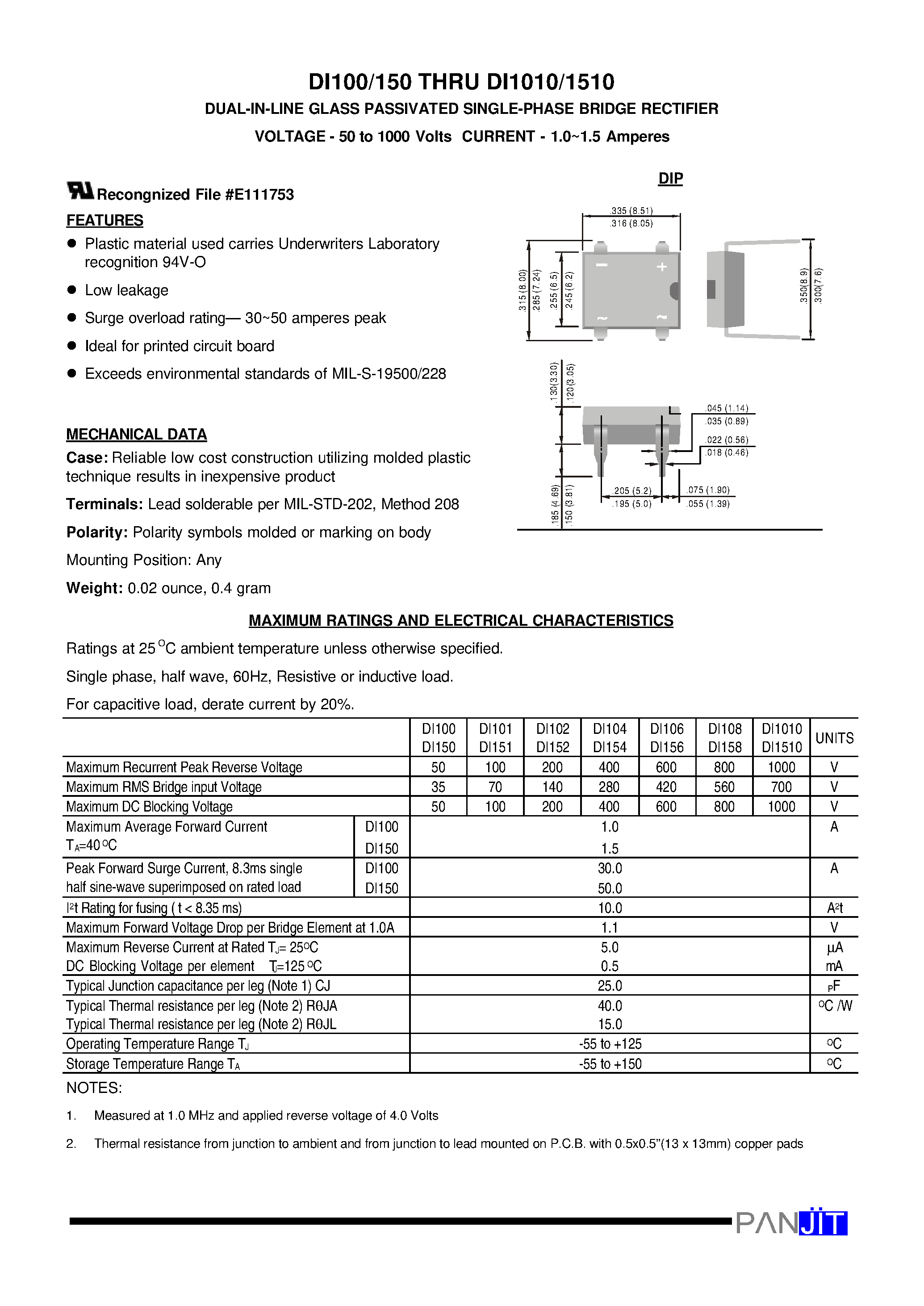 Datasheet DI101 - DUAL-IN-LINE GLASS PASSIVATED SINGLE-PHASE BRIDGE RECTIFIER(VOLTAGE - 50 to 1000 Volts CURRENT - 1.0~1.5 Amperes) page 1