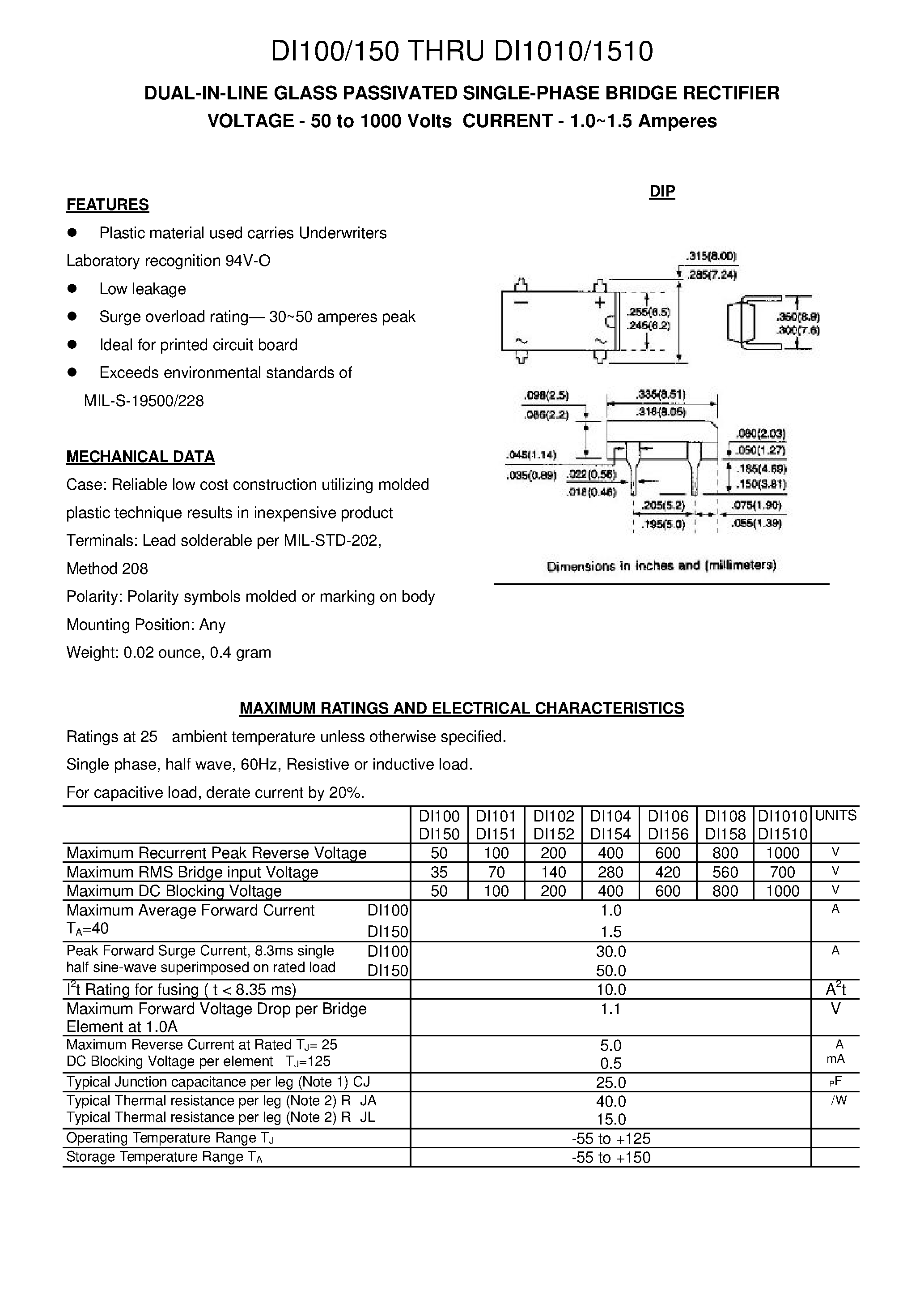 Datasheet DI104 page 1 Datasheet DI104 - DUAL-IN-LINE GLASS PASSIVATED SINGLE-PHASE BRIDGE RECTIFIER page 1