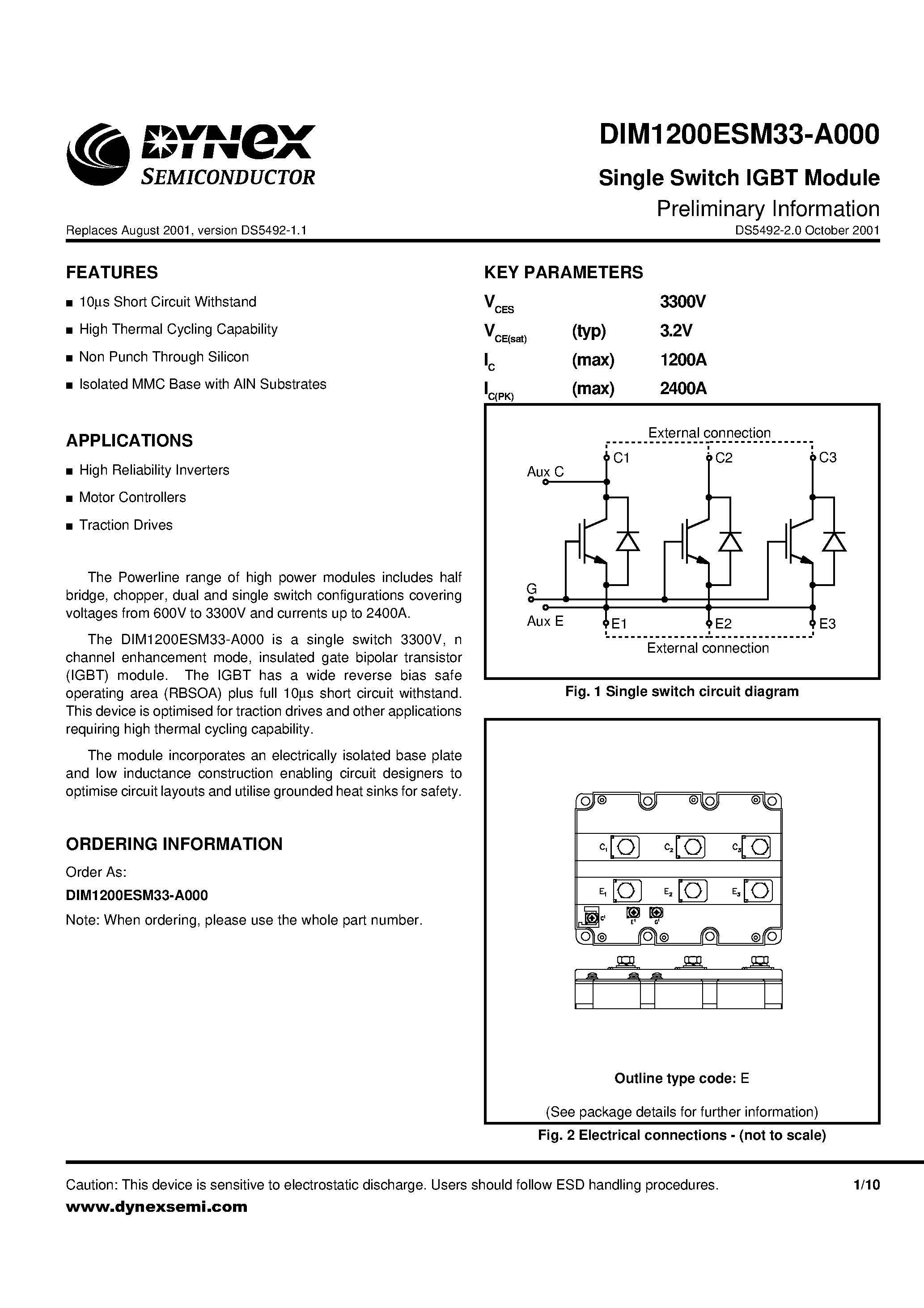 Даташит DIM1200ESM33-A000 - Single Switch IGBT Module Preliminary Information страница 1