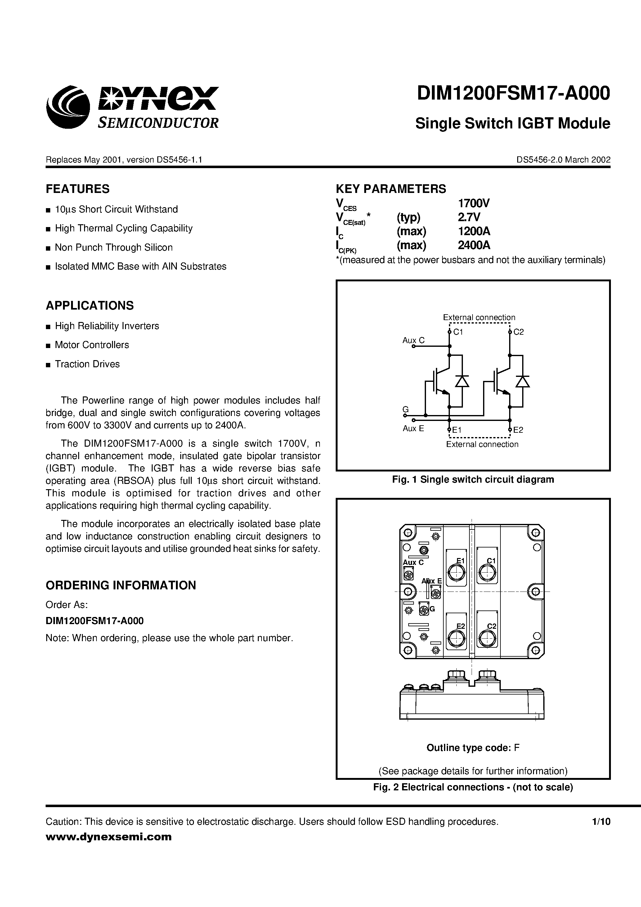 Даташит DIM1200FSM17-A000 - Single Switch IGBT Module страница 1