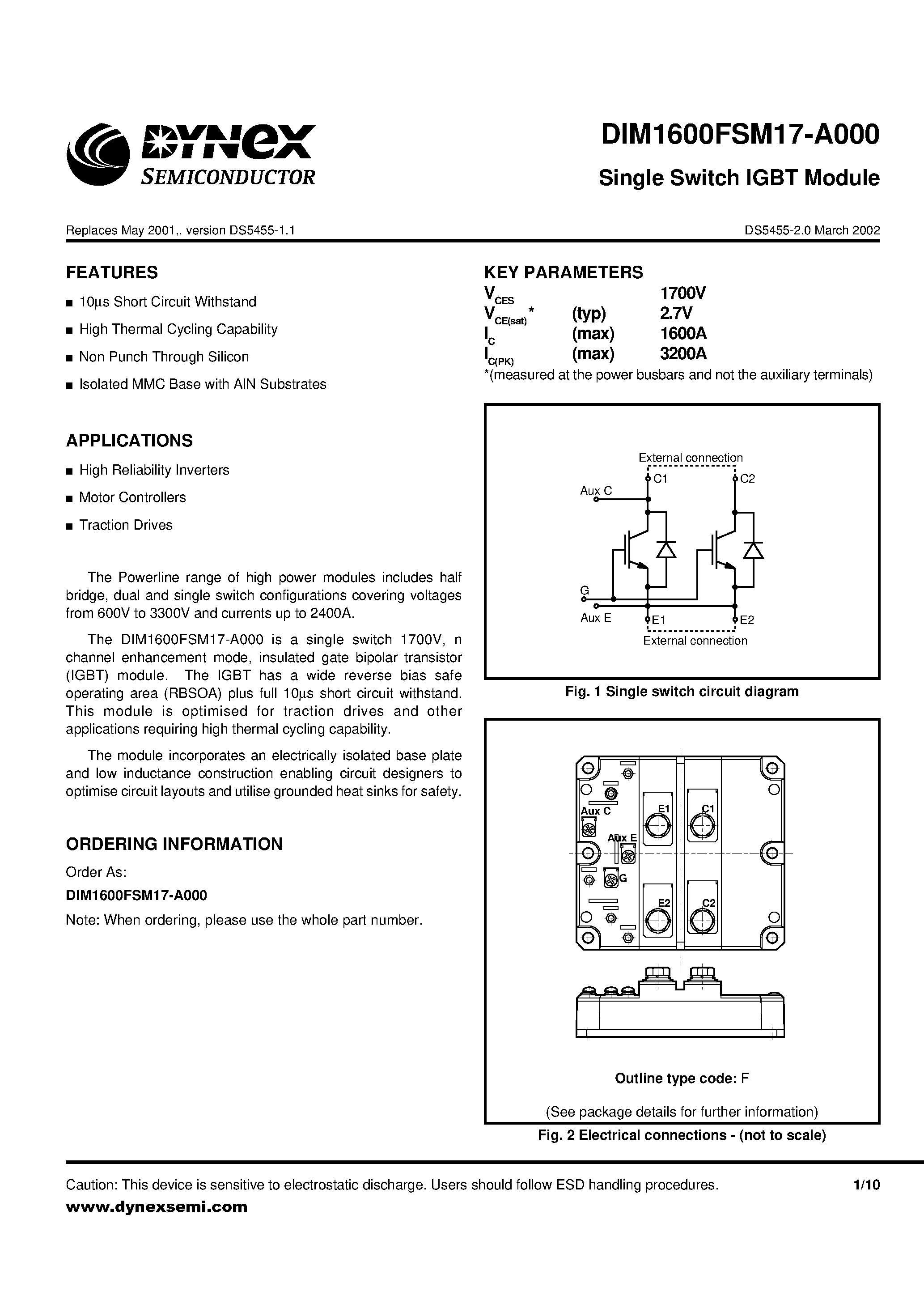 Даташит на микросхему DIM1600FSM17-A000 страница 1 Даташит DIM1600FSM17-A000 - Single Switch IGBT Module страница 1