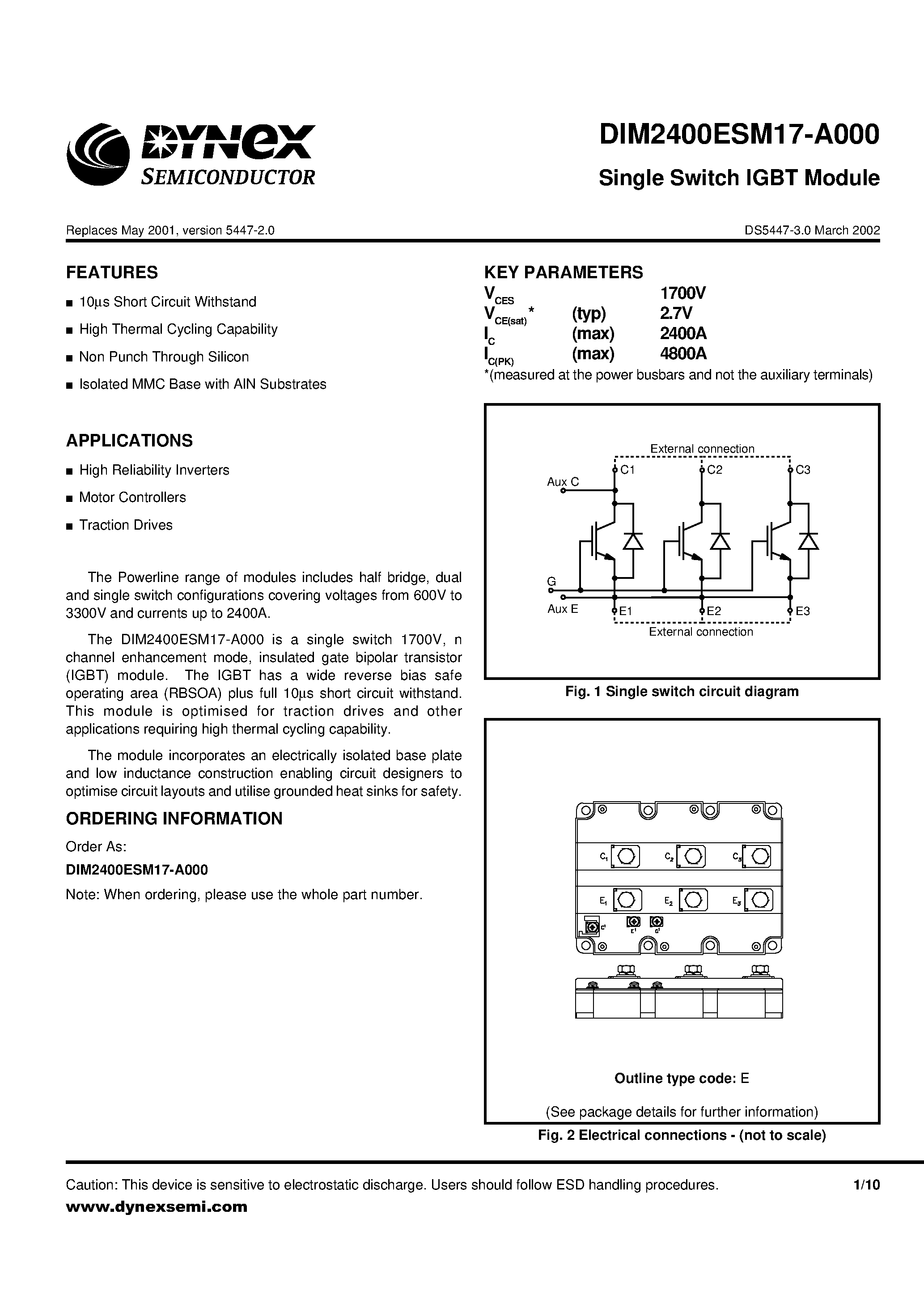 Даташит DIM2400ESM17-A000 - Single Switch IGBT Module страница 1