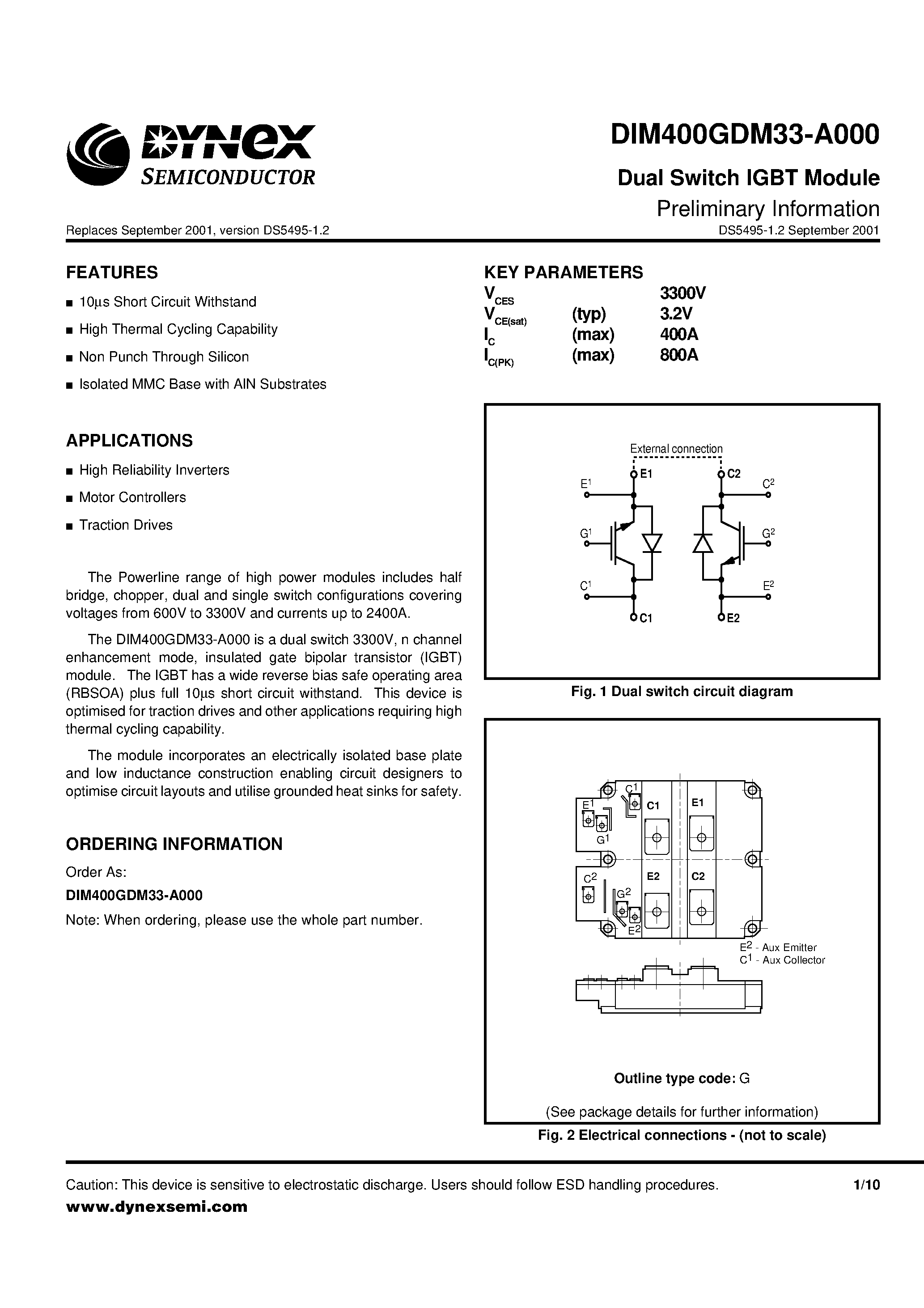 Даташит на микросхему DIM400GDM33-A000 страница 1 Даташит DIM400GDM33-A000 - Dual Switch IGBT Module Preliminary Information страница 1
