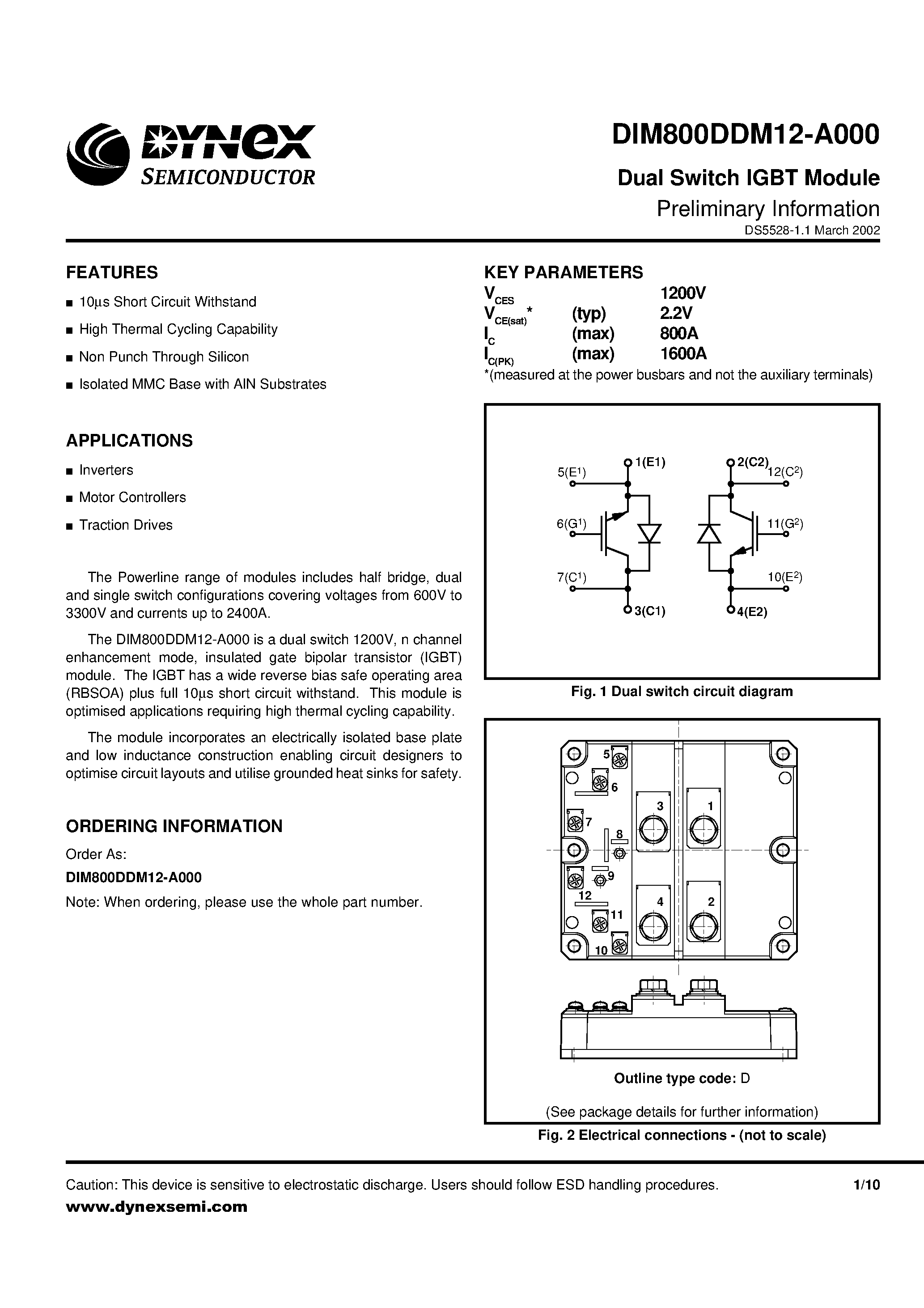 Даташит DIM800DDM12 - Dual Switch IGBT Module Preliminary Information страница 1