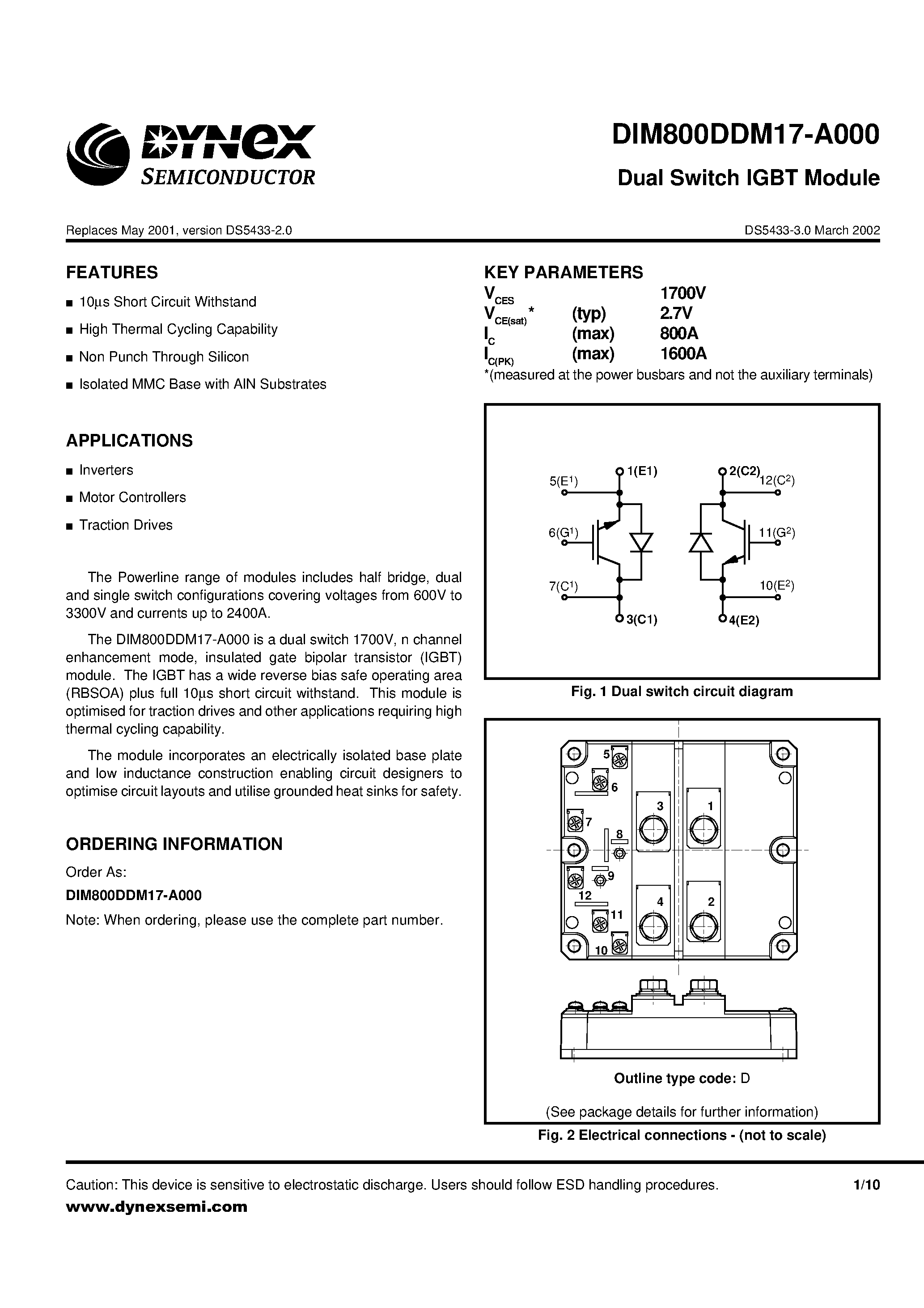 Даташит на микросхему DIM800DDM17-A000 страница 1 Даташит DIM800DDM17-A000 - Dual Switch IGBT Module страница 1
