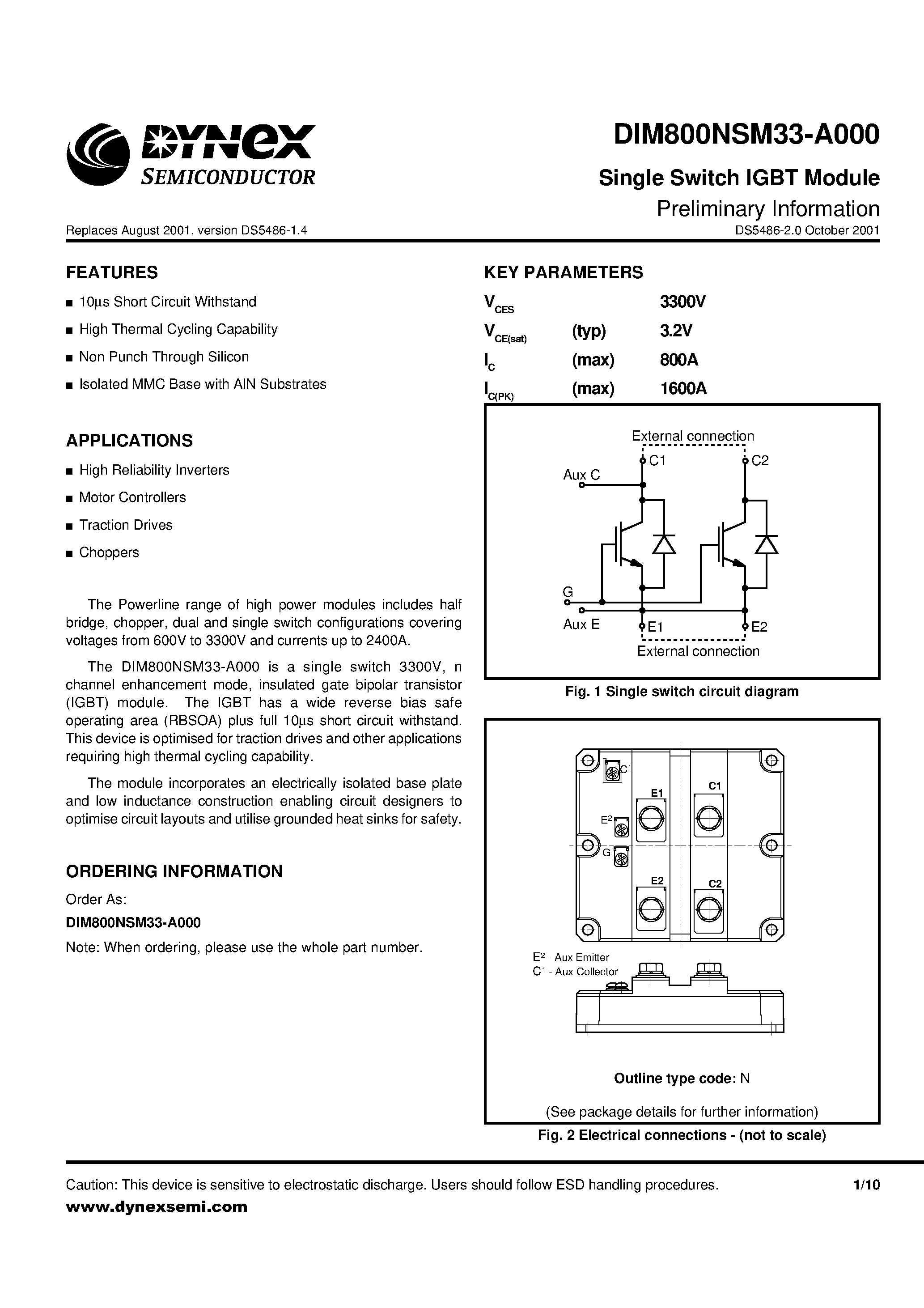 Даташит DIM800NSM33-A000 - Single Switch IGBT Module Preliminary Information страница 1