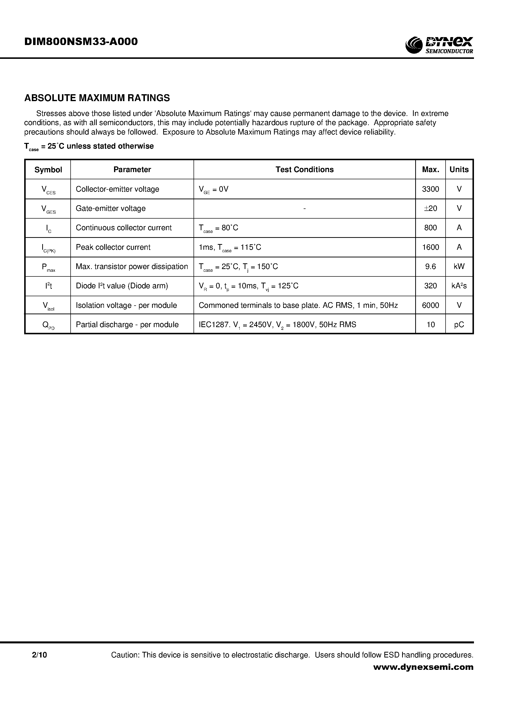 Даташит DIM800NSM33-A000 - Single Switch IGBT Module Preliminary Information страница 2