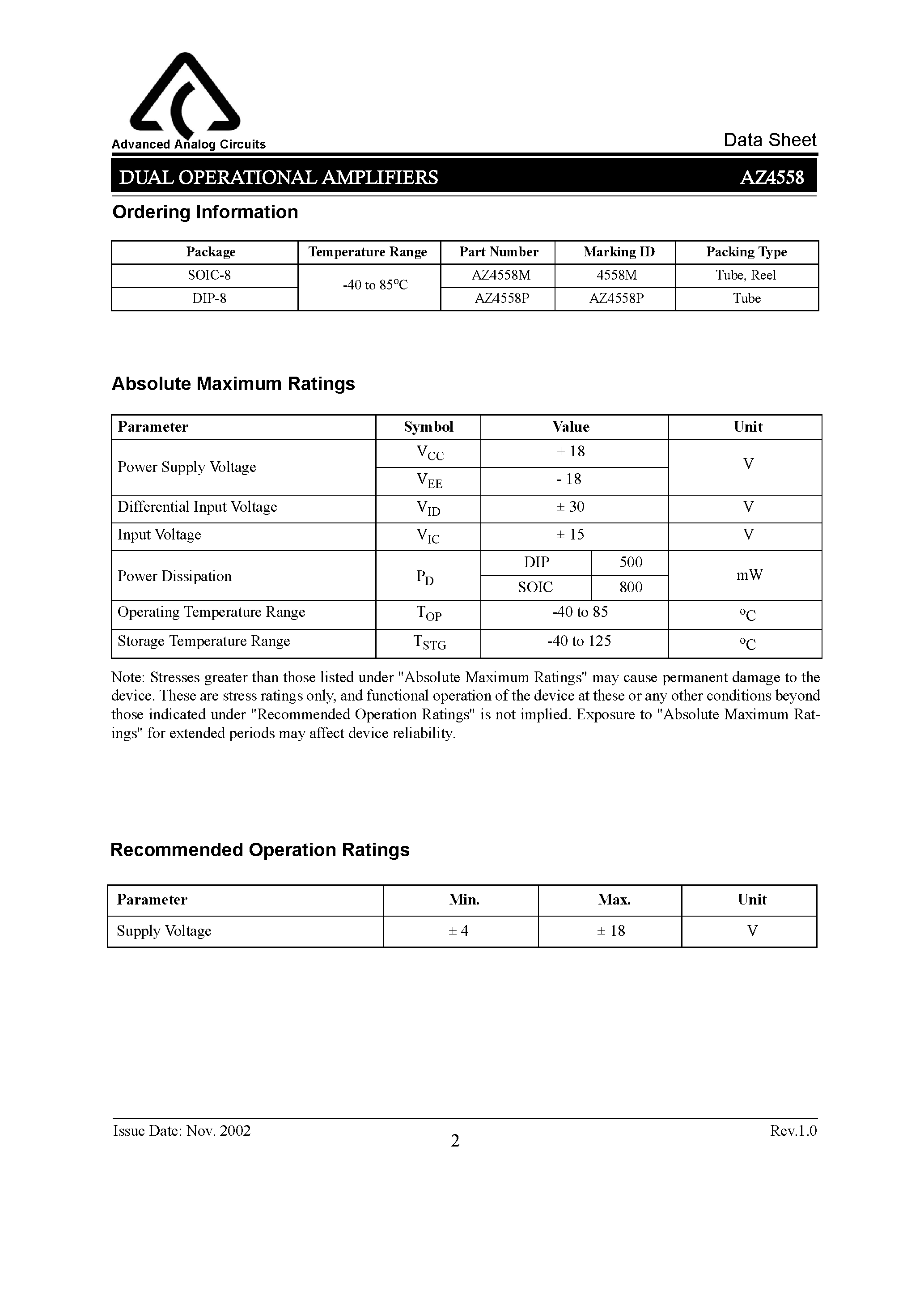Datasheet DIP-8 - DUAL LOW NOISE OPERATIONAL AMPLIFIERS page 2