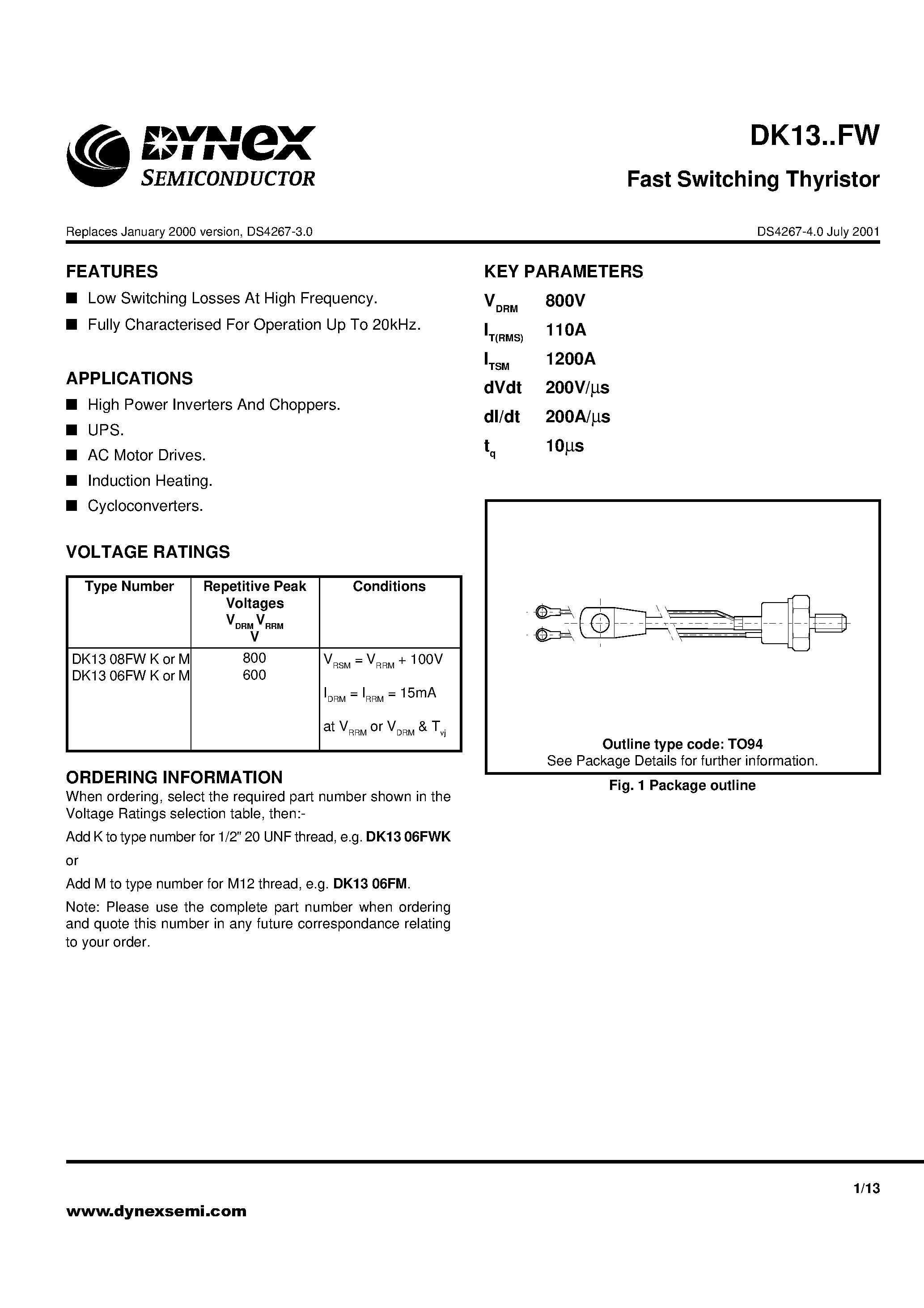 Даташит на микросхему DK1306FWM страница 1 Даташит DK1306FWM - Fast Switching Thyristor страница 1