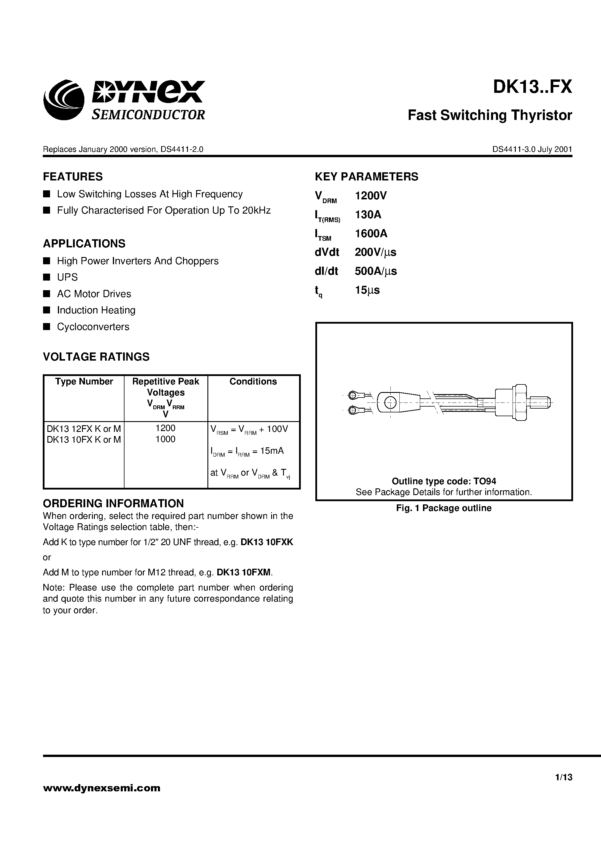 Даташит на микросхему DK13FX страница 1 Даташит DK13FX - Fast Switching Thyristor страница 1