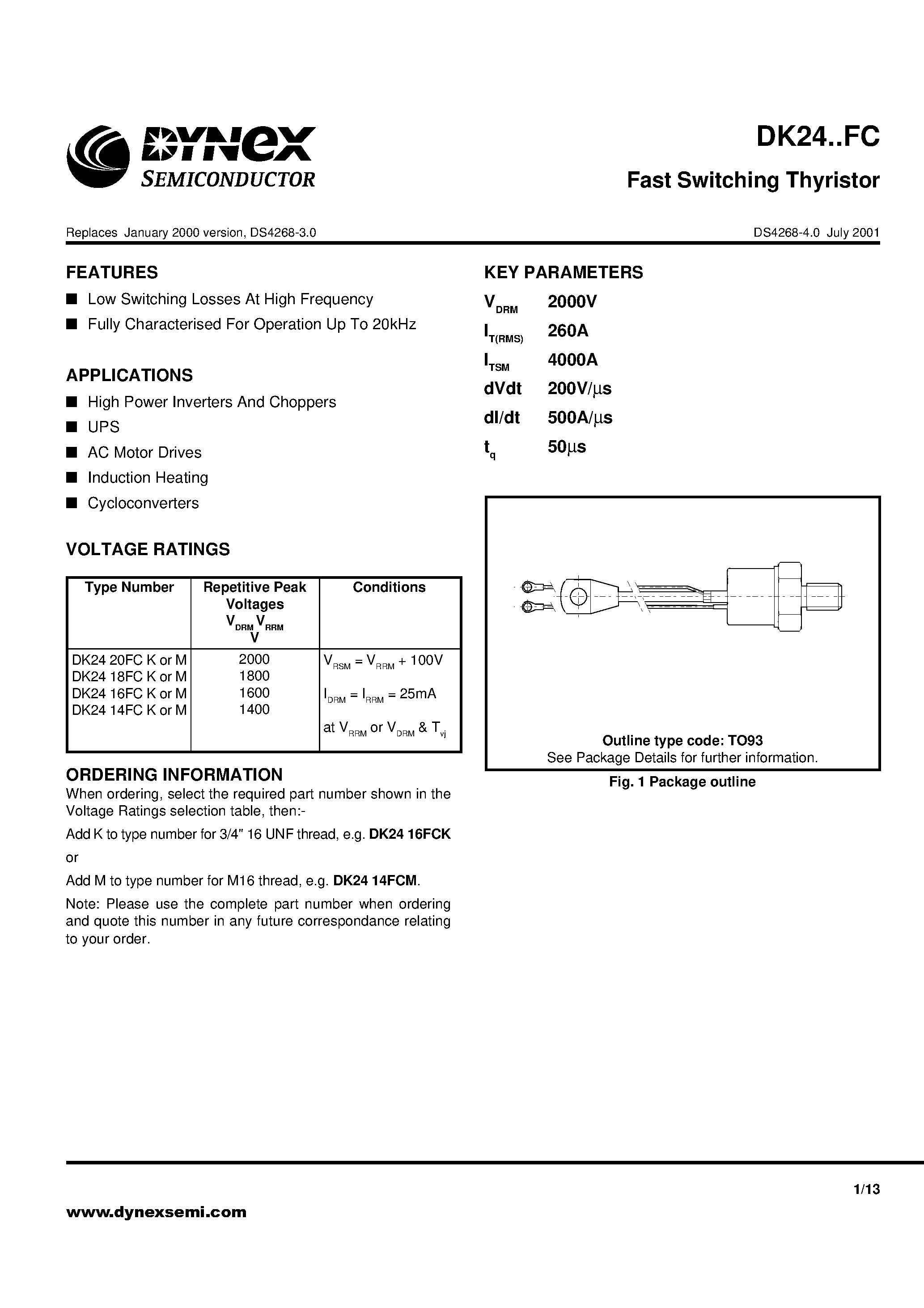 Даташит на микросхему DK24 страница 1 Даташит DK24 - Fast Switching Thyristor страница 1