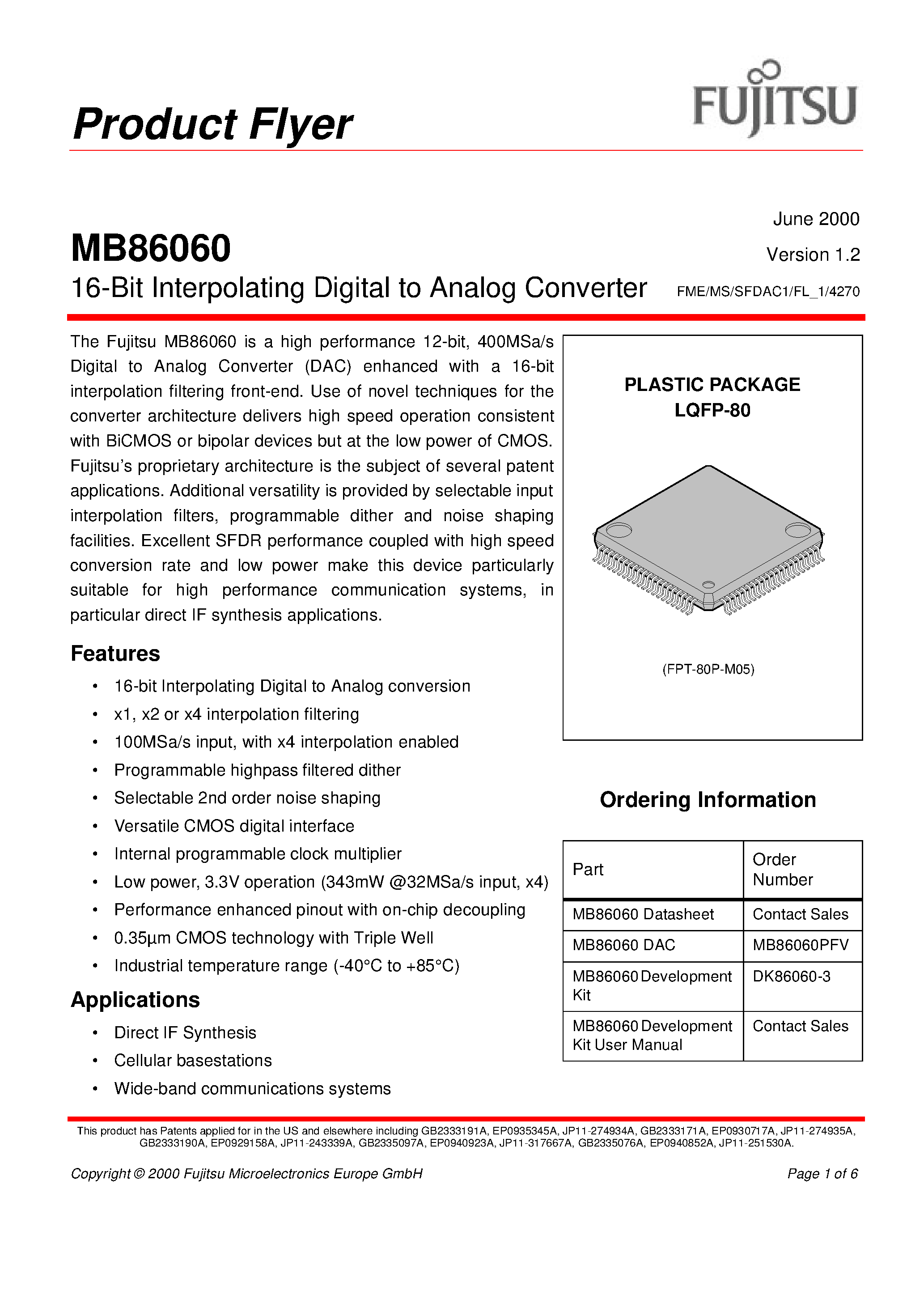 Datasheet DK86060-3 page 1 Datasheet DK86060-3 - 16-Bit Interpolating Digital to Analog Converter page 1