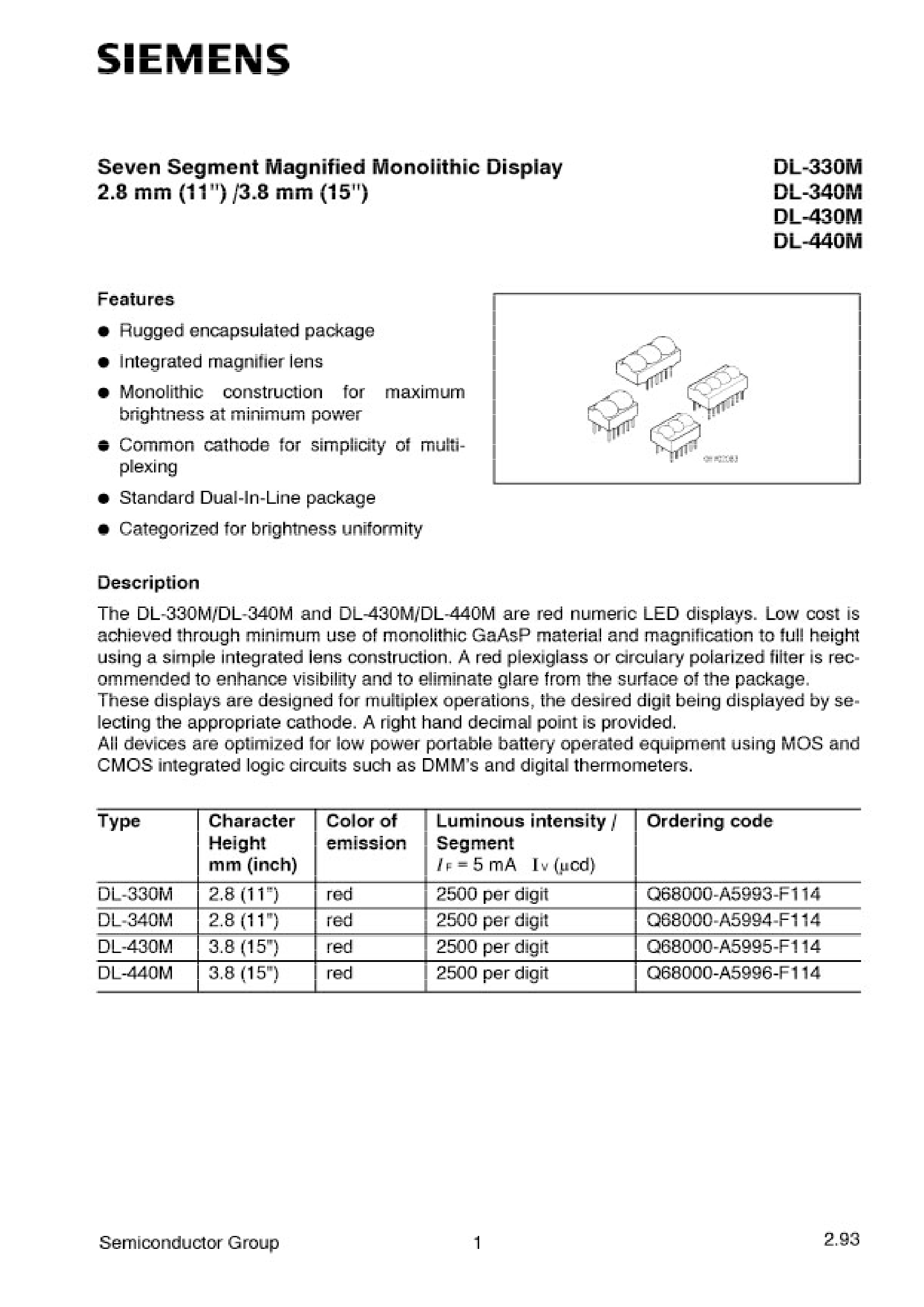 Datasheet DL-340M page 1 Datasheet DL-340M - Seven Segment Magnified Monolithic Display 2.8mm/3.8mm page 1