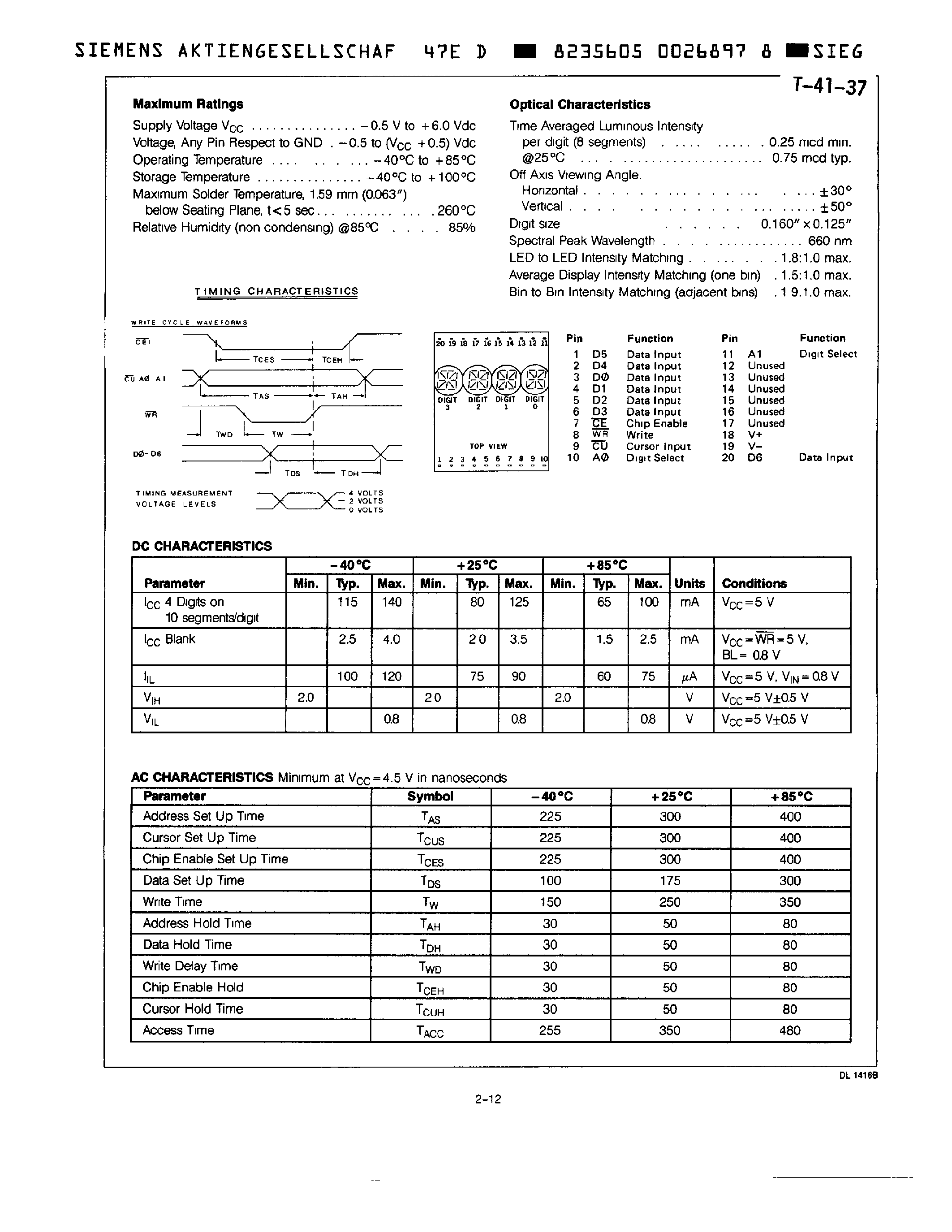 Datasheet DL1416B - 160 RED / 4-DIGIT 16-SEGMENT PLUS DECIMAL ALPHANUMERIC INTELLIGENT DISPLAY page 2