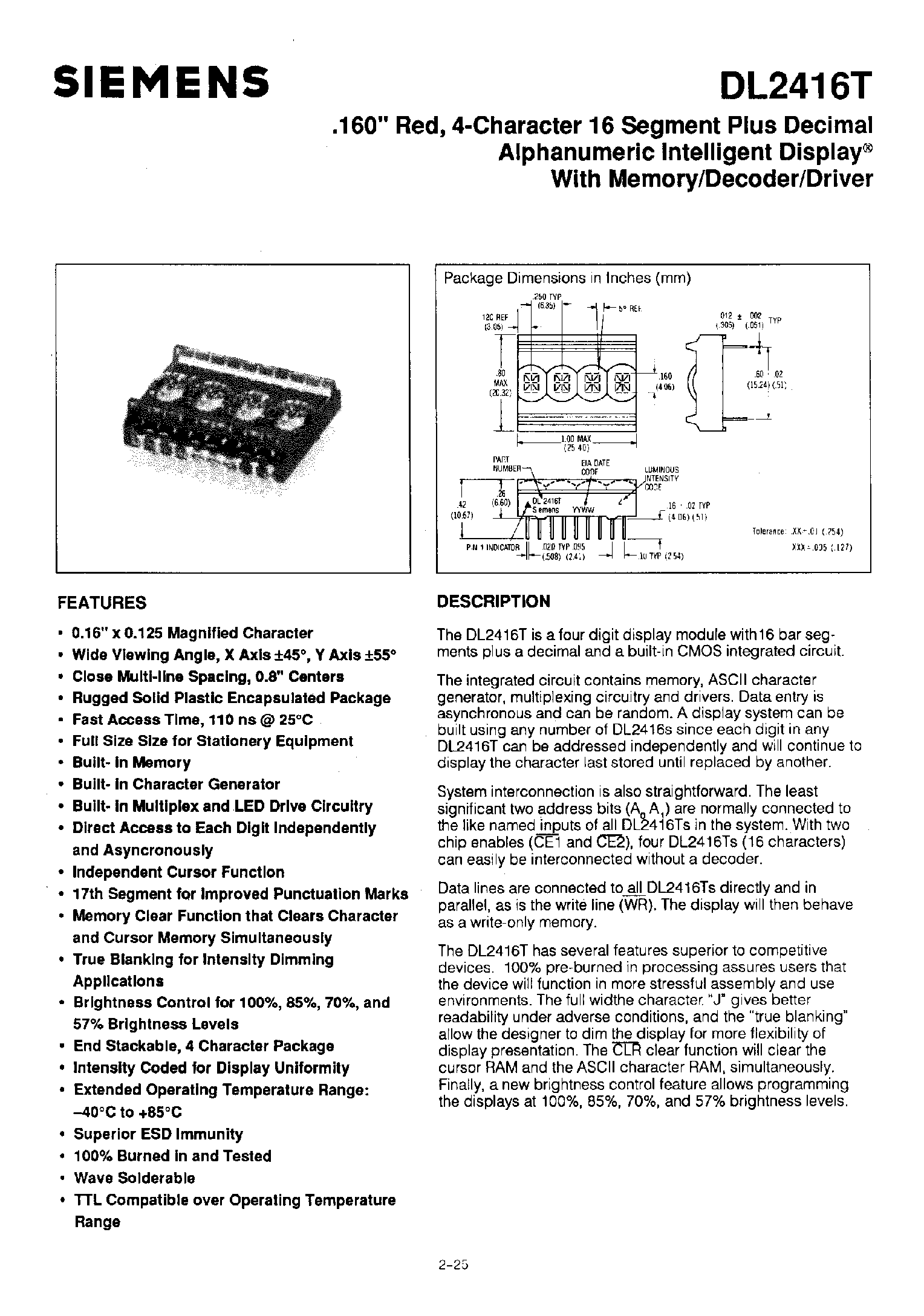 Datasheet DL2416T - 160 RED / 4-CHARACTER 16 SEGEMENT PLUS DECIMAL ALPHANUMERIC INTELLIGENT DISPLAY page 1