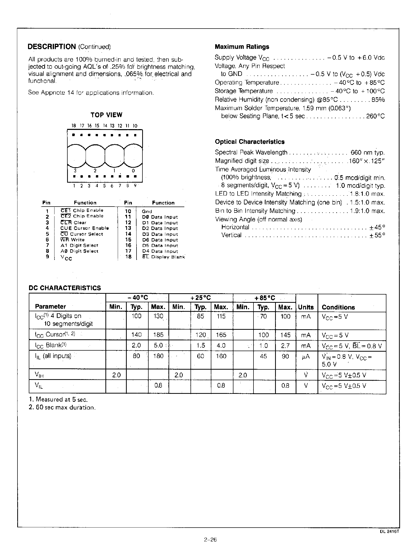 Datasheet DL2416T - 160 RED / 4-CHARACTER 16 SEGEMENT PLUS DECIMAL ALPHANUMERIC INTELLIGENT DISPLAY page 2