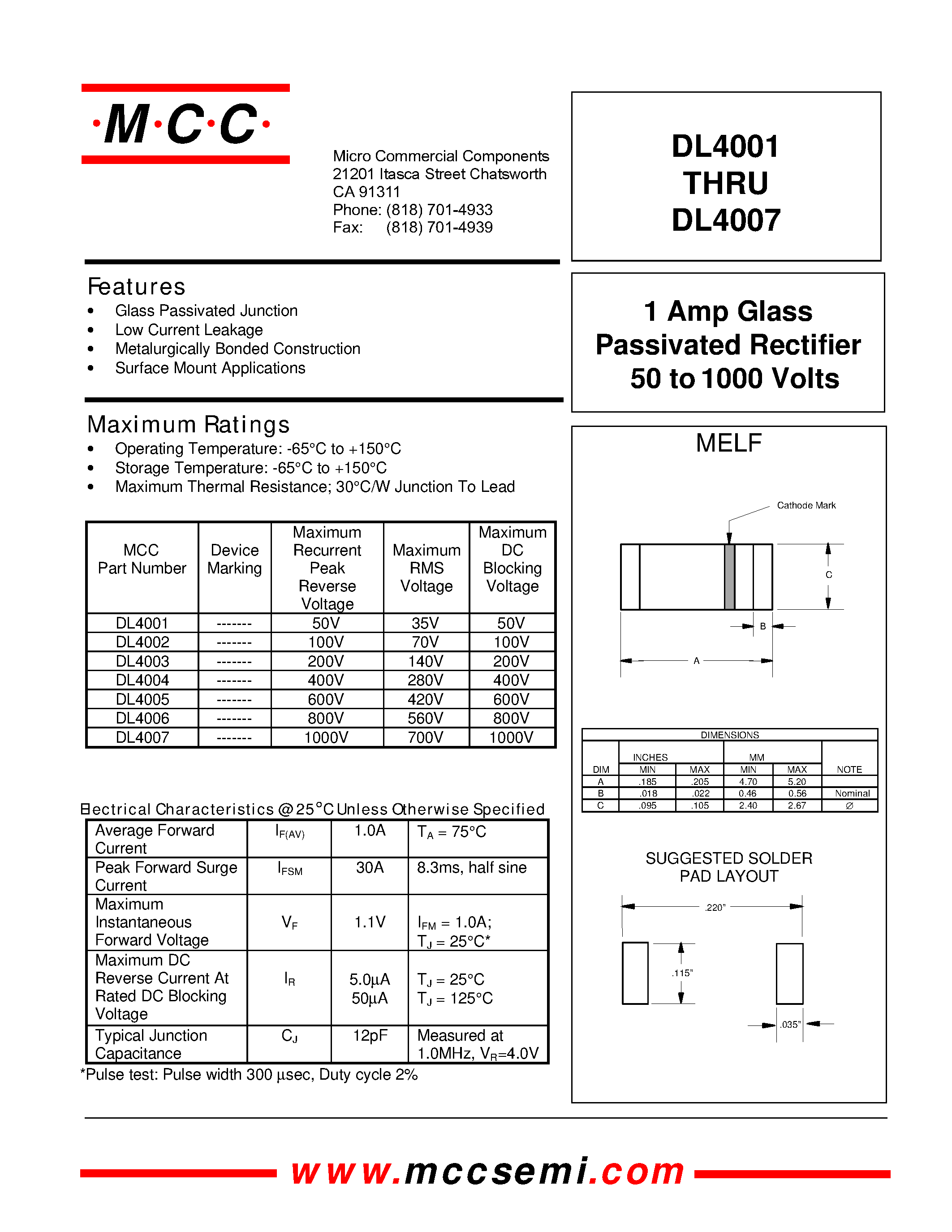 Datasheet DL4001 page 1 Datasheet DL4001 - 1 Amp Glass Passivated Rectifier 50 to 1000 Volts page 1
