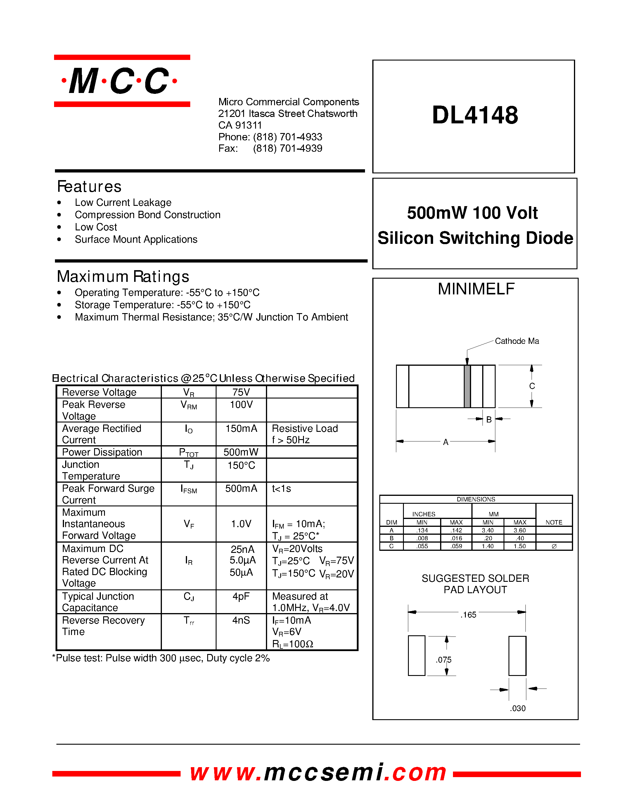 Даташит DL4148 - 500mW 100 Volt Silicon Switching Diode страница 1