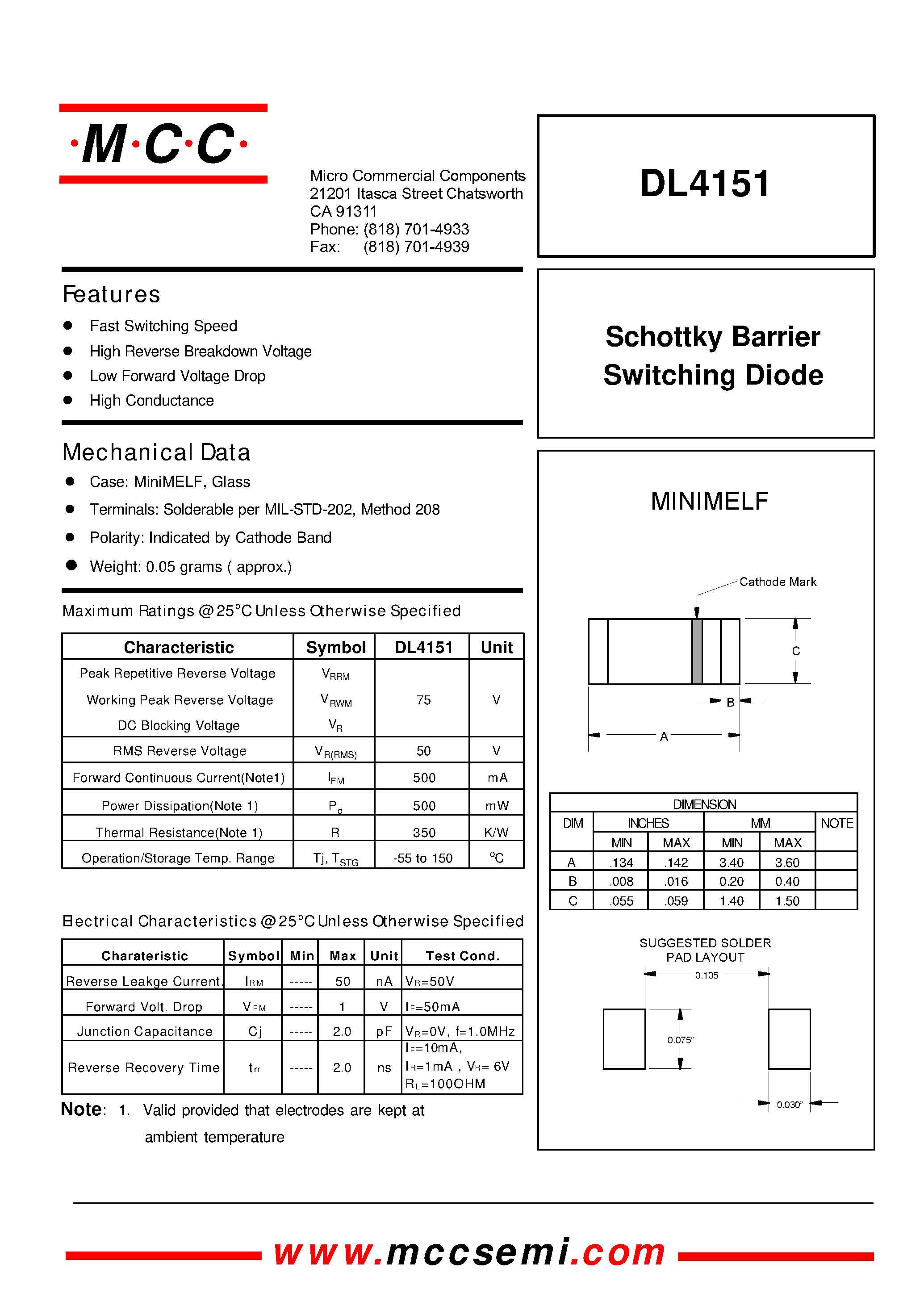 Даташит DL4151 - Schottky Barrier Switching Diode страница 1