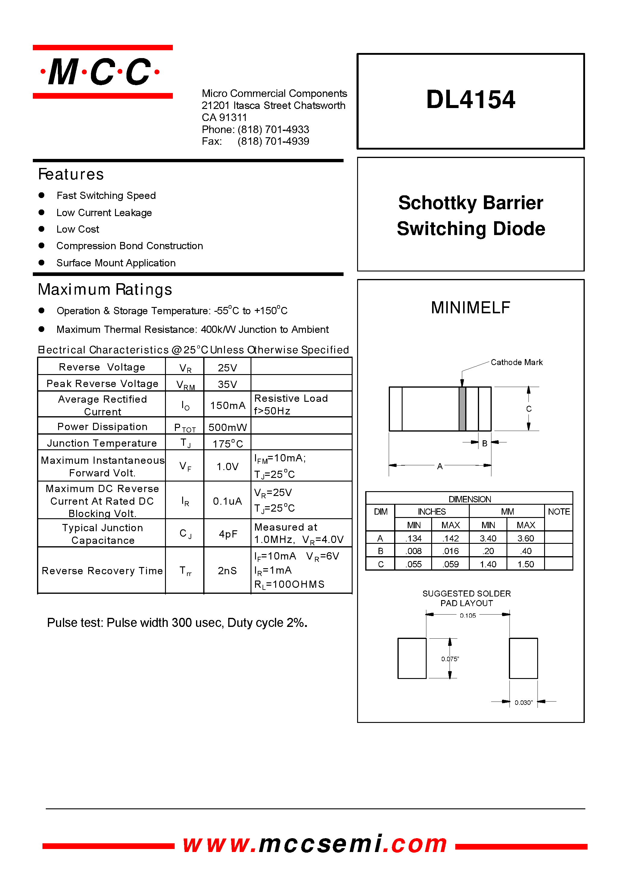 Даташит DL4154 - Schottky Barrier Switching Diode страница 1