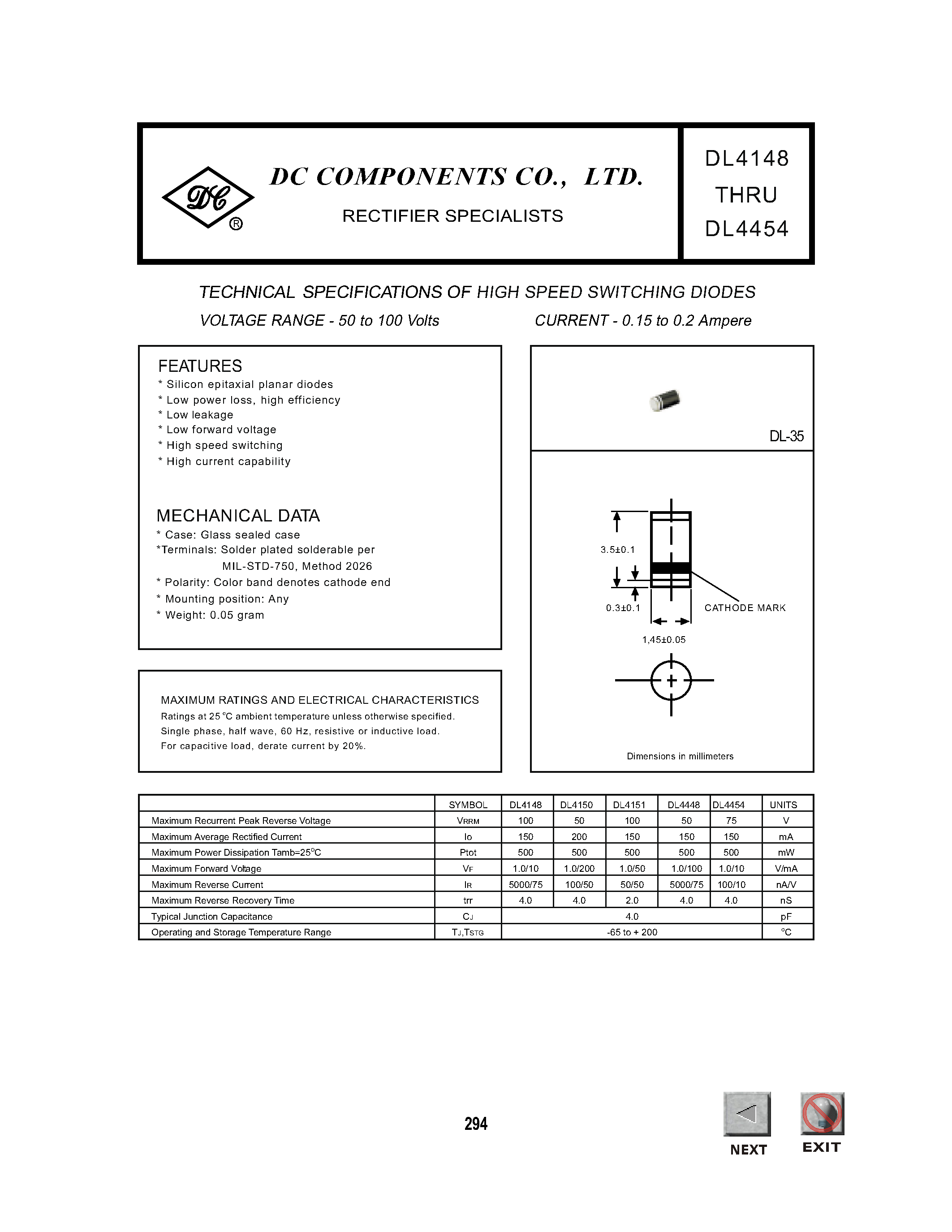 Даташит DL4448 - TECHNICAL SPECIFICATIONS OF HIGH SPEED SWITCHING DIODES страница 1