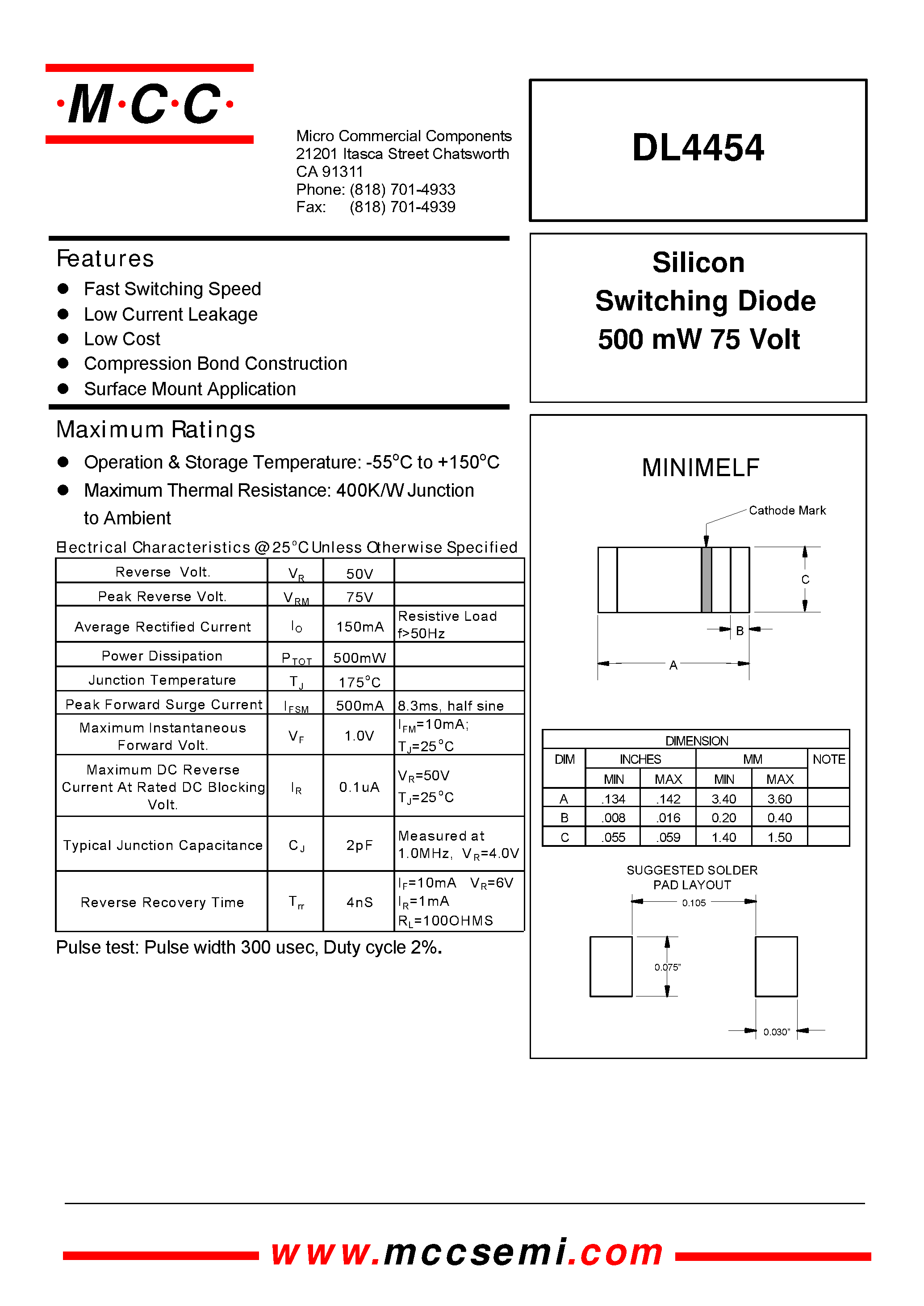 Даташит DL4454 - Silicon Switching Diode 500 mW 75 Volt страница 1