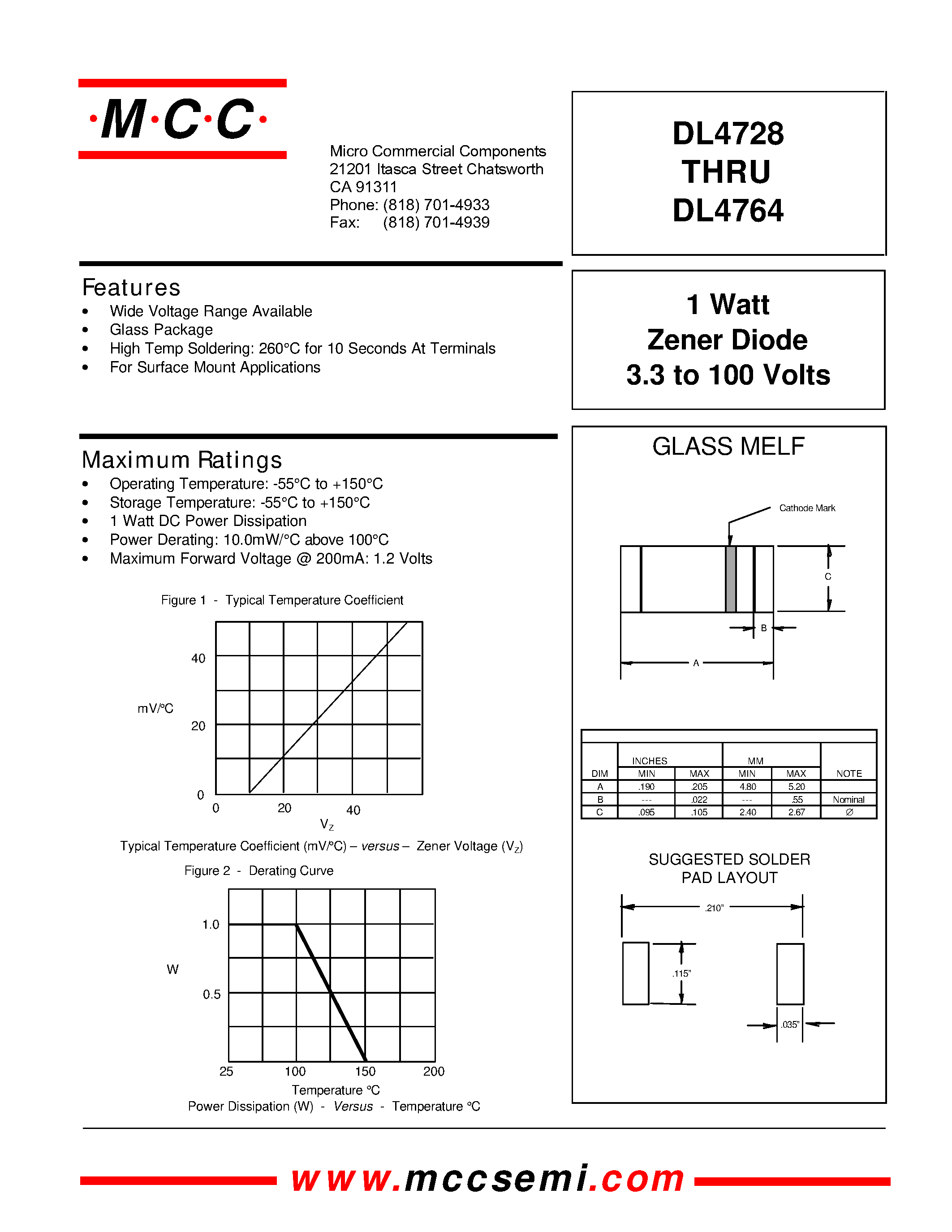 Datasheet DL4741 - 1 Watt Zener Diode 3.3 to 100 Volts page 1